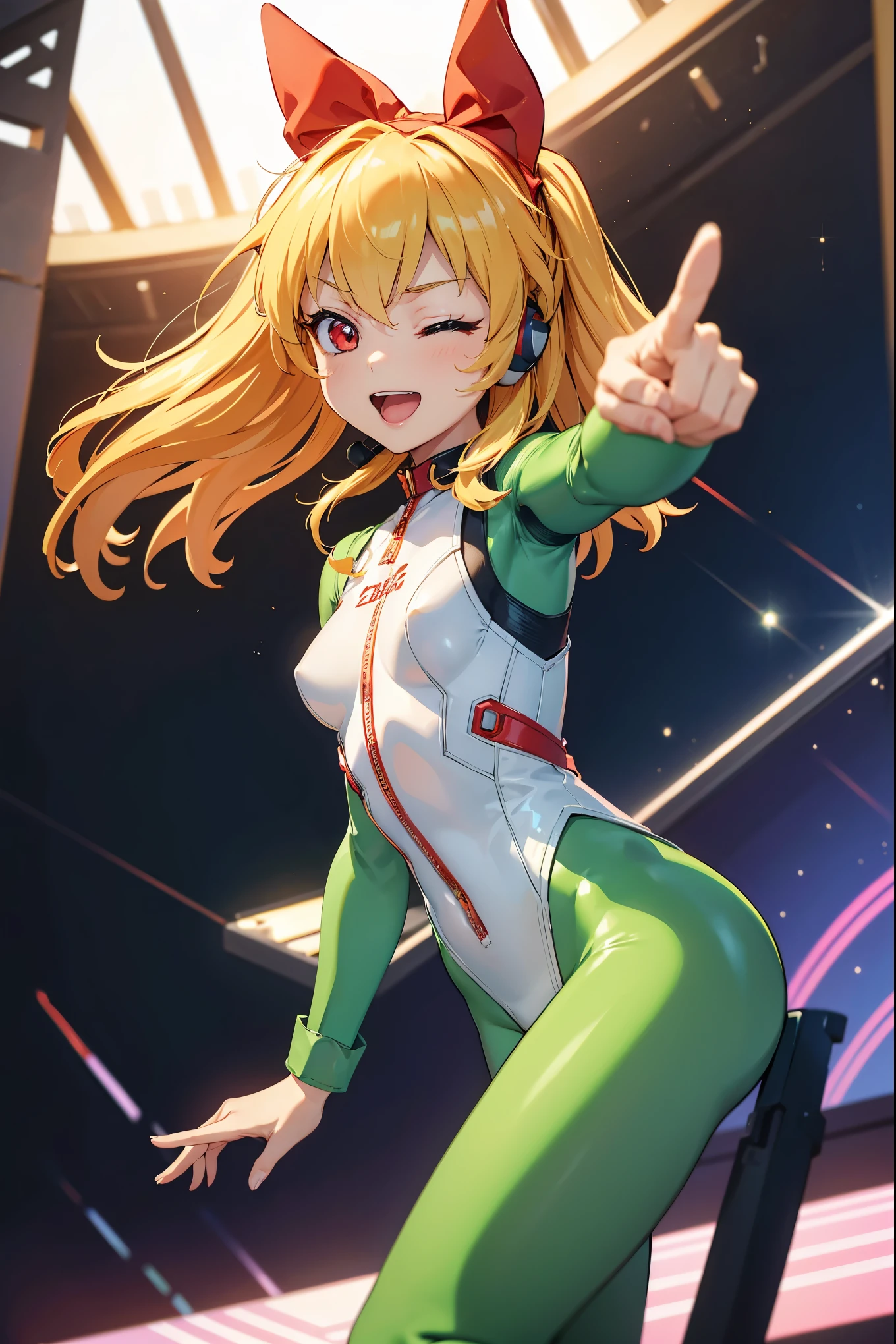 (Overlooking figure),dynamic angle,Super detailed, figure, close, straight, 1 girl, 
 ((Soryu Asuka Langley, interface headset, look at the audience、Green Hero Suit、Green bodysuit、Tight suit、(nffsw :1.0), Green Ultraman Bodysuit, blonde)),Her eyes shone like dream-like stars,(shining eyes:1.233),(beautiful and detailed eyes:1.1),(No expression),(Are standing), the last spell（prompt）
(masterpiece, highest quality, ultra high resolution, perfect anatomy, very detailed),
break,
1 girl,
,
red eyes,
twin tails,
blonde hair,
big ribbon in hair,
Idol Costumes,
break,
(Pointing),
(full face),
One eye closed,
(open your mouth),
Glowing Eyes,
smile,
stage lighting,
(In a white spaceship、Mechanic room with tools and spaceship window),
(night:1.2),dream-like, [[delicate fingers and hands:0.55]::0.85],(finger details),