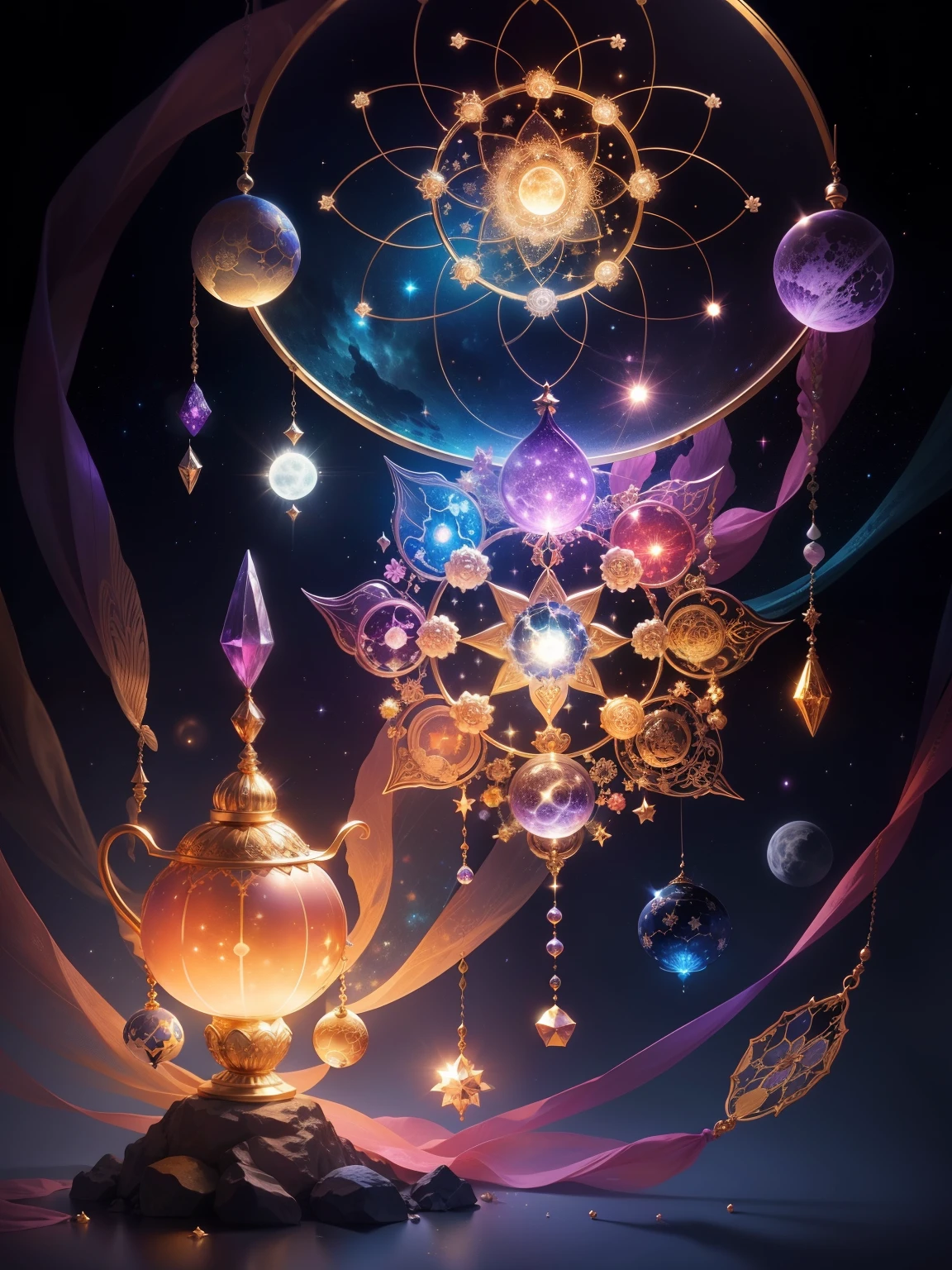 Crystal colorful flowers, magic, dream Catcher, universe , space, floating, moonlight, magic kanote gold crystal pot,,Sun, moon and stars,galaxy,moon,Buddha's light,dharma,Staff,magnificent,atmosphere