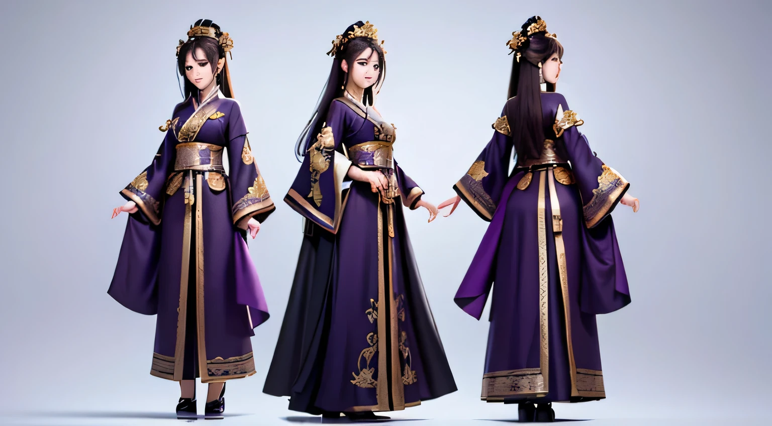 masterpiece, Extremely detailed CG Unity 8K wallpaper, 1 girl, fair, actual, Brown_hair, long_hair, jewelry, Chinese style clothes, black hair，Purple clothes，The same clothes, White background, Multiple views of the same character wearing the same outfit, Model shooting style, Chathunbetalora