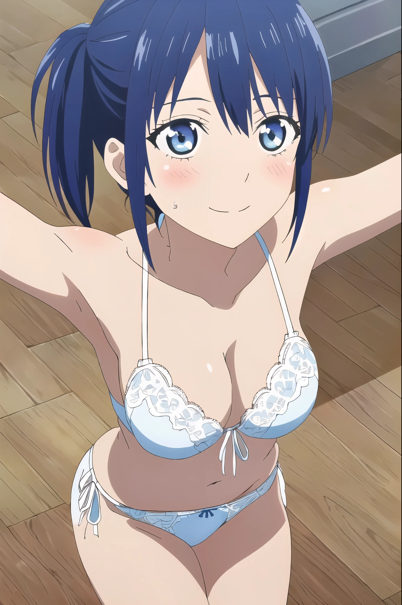 ((highest quality)),((very detailed)),masterpiece,confused,detailed face,beautiful face,(fine eyes, Deep Eyes),(1 girl),((dynamic pose)), Minase, 1 girl, alone, In underwear,,white bra,White lace side-tie panties, blue eyes, embarrassing smile, blush, looking at the viewer, side ponytail, blue hair, clavicle, bangs, Anime Coloring Book, megami magazine, cowboy shot
