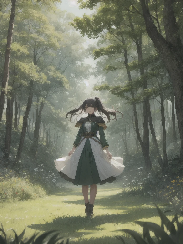 In a green meadow stands a girl leading a group of knights.
BREAK With a brave expression, she guides them towards their destiny.
BREAK Behind her, a green forest stretches and beyond, montanhas se erguem ao longe.
BREAK The most appropriate effect for this scene would be a watercolor painting technique to capture the softness of the meadow and the fluidity of movement.