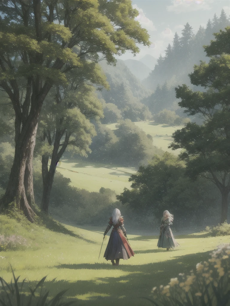 In a green meadow stands a girl leading a group of knights.
BREAK With a brave expression, she guides them towards their destiny.
BREAK Behind her, a green forest stretches and beyond, montanhas se erguem ao longe.
BREAK The most appropriate effect for this scene would be a watercolor painting technique to capture the softness of the meadow and the fluidity of movement.