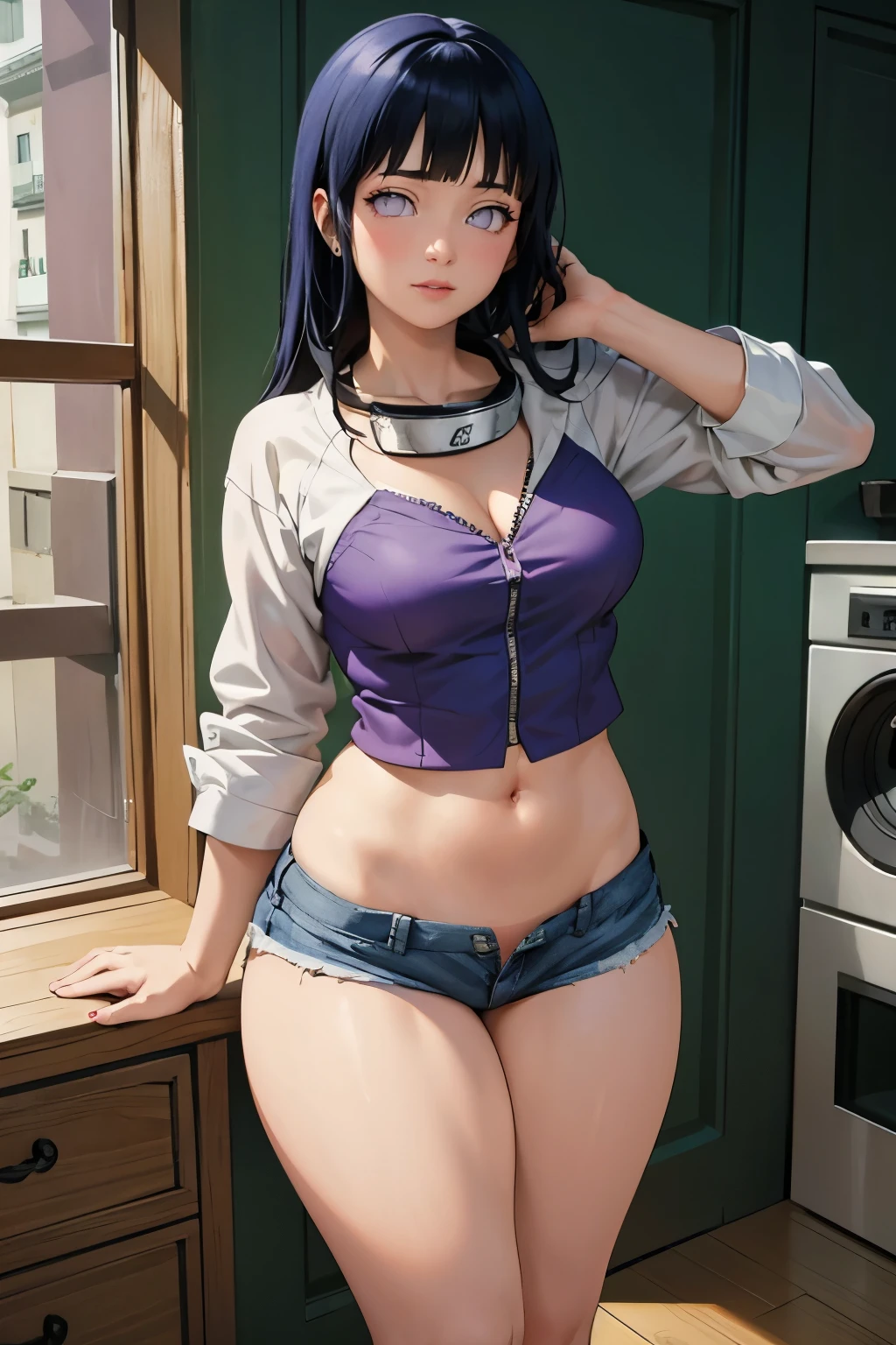 (Hinata Hyuga, very sensual, in a funk girl outfit, Brazilian, from Rio, dancing funk, wiggling, big ass, thick legs, wearing short denim shorts, wearing a mini blouse, pierced navel, Nike sneakers, big hair, speaker behind, very realistic, extremely sexy, 8k, 8k extremely detailed), (an extremely delicate and beautiful masterpiece), (best quality: 1.0), (ultra high resolution: 1.0)