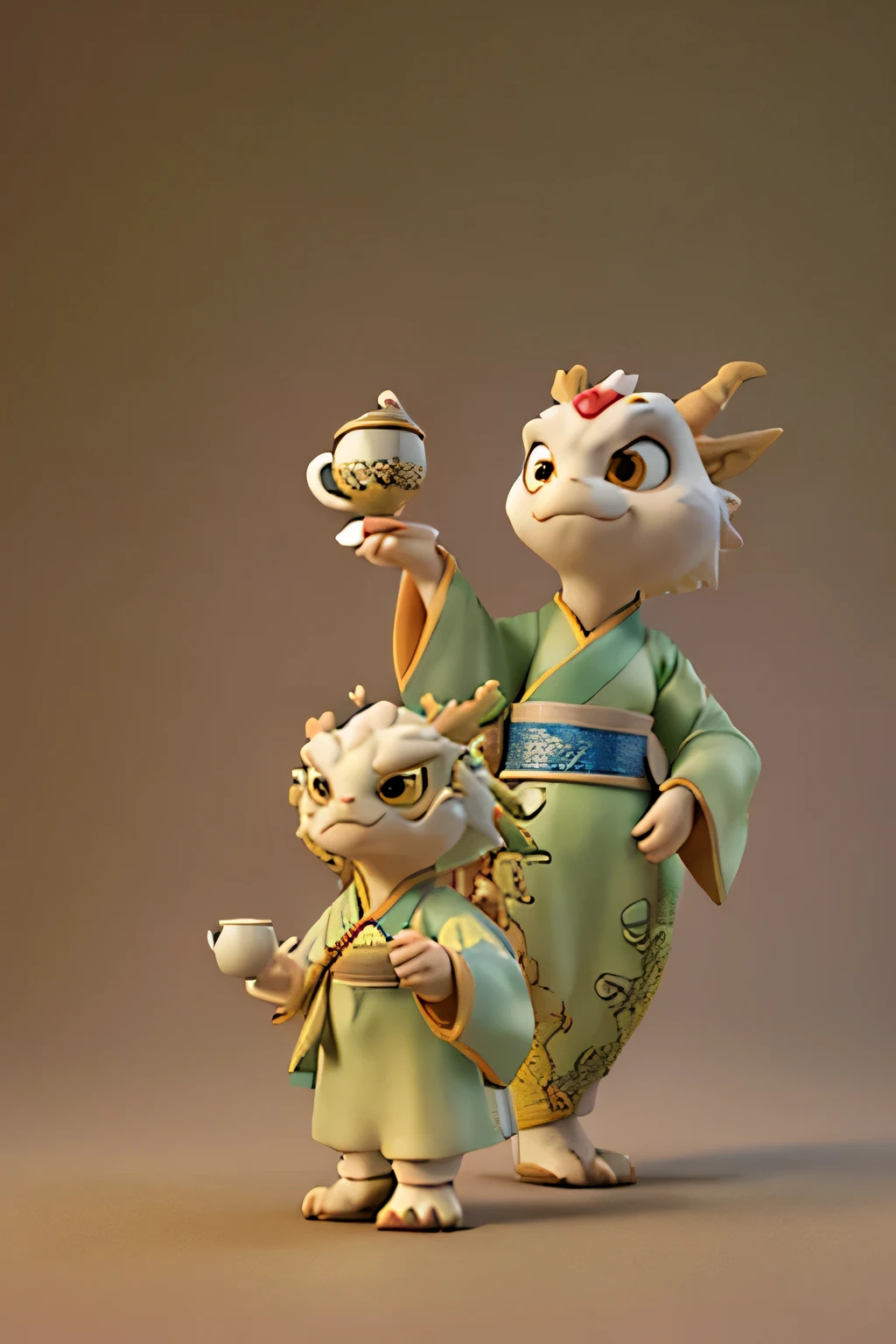 ((best quality)), ((masterpiece)), (detailed), 3D,IP image,Three-dimensional map,Q version,Cute yellow Chinese dragon,Hand holding a cup of herbal tea,Four views,Wearing Hanfu,Background Chang'an City