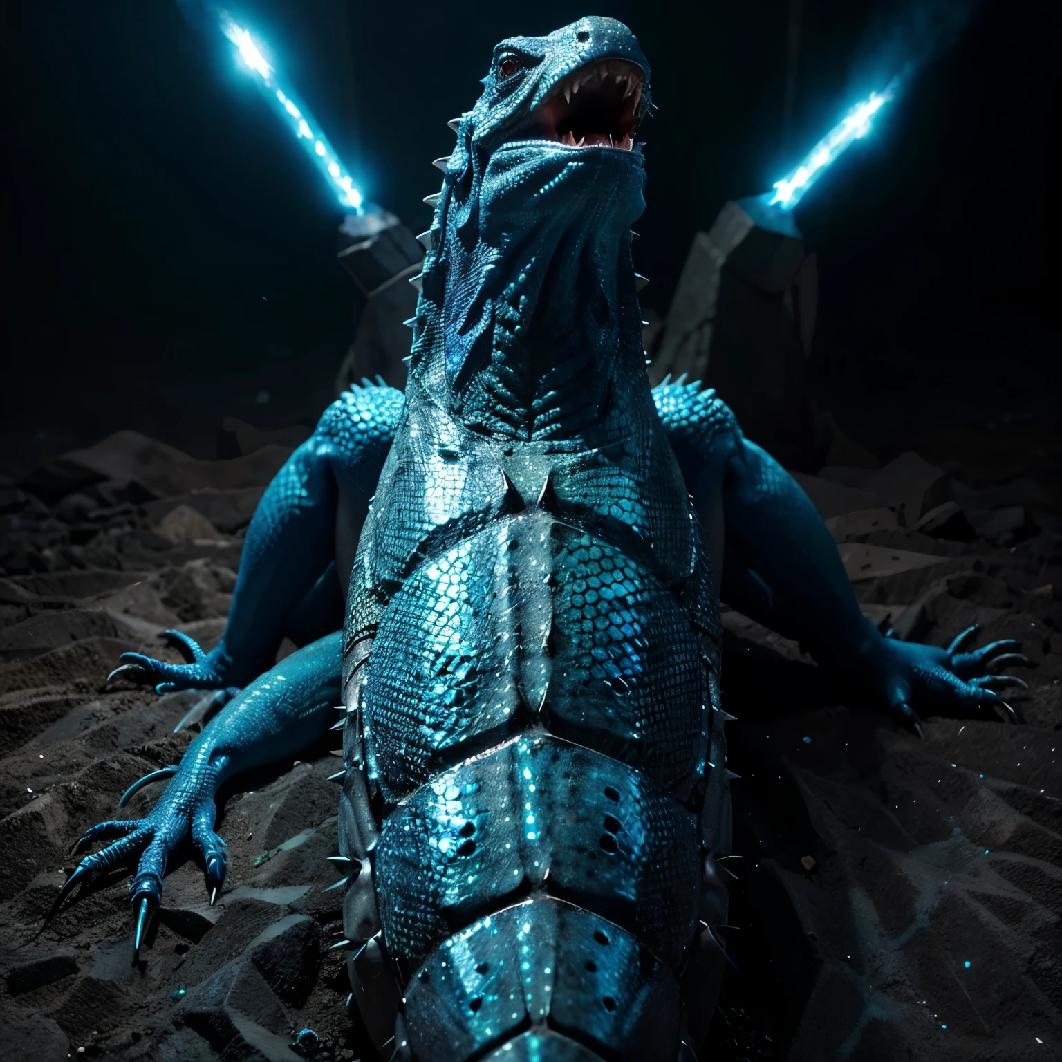 A 200 foot tall lizard that was charcoal skin with blue glowing eyes as it’s open mouth starts emitting a blue glow. sharp spikes on its back are also glowing blue 