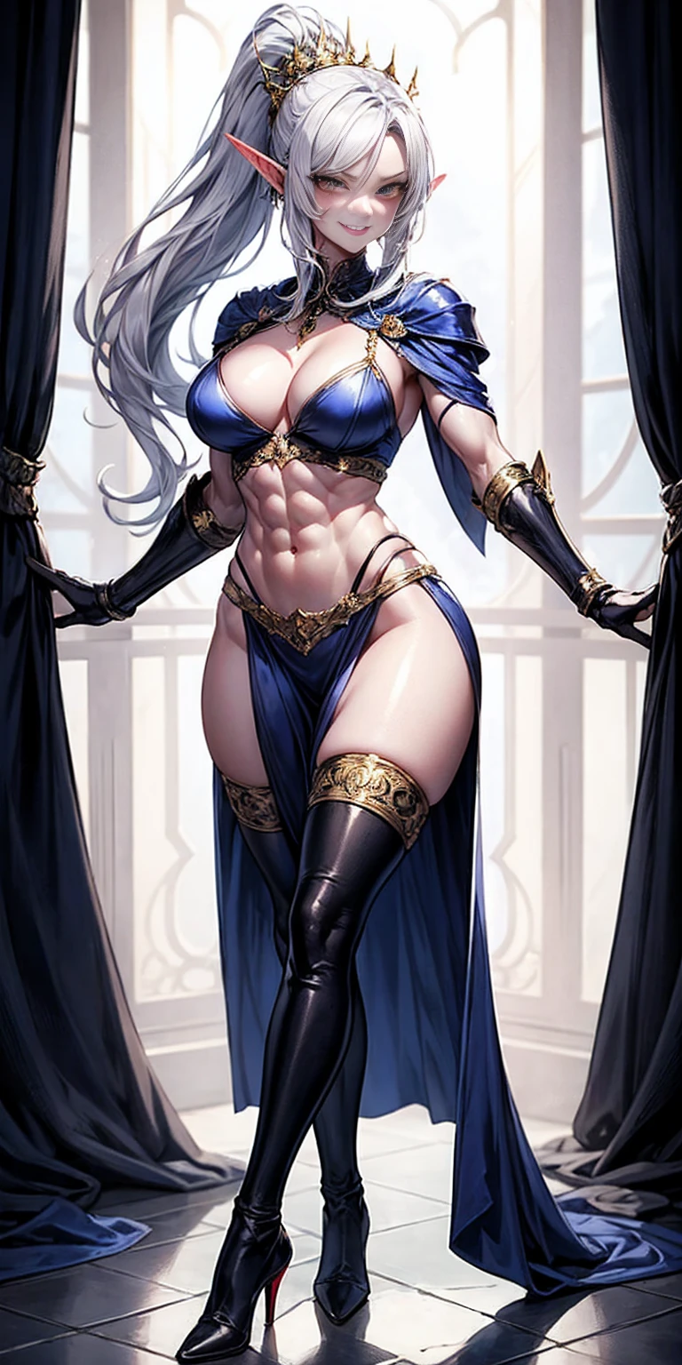 extremely long hair, ponytail, perfect anatomy 1 girl tall solo, slim thick, ((muscular)) high elf toned body, silver breast plate, blue cape, slender abs, hourglass waist, detailed face, defined cheekbones, puffy lips, gauntlets, gold crown, shadow over eyes, looking at viewer, masterpiece, white thigh highs lingerie, lustful smirking smile face red blushed red cheeks, 2 high heels feet together