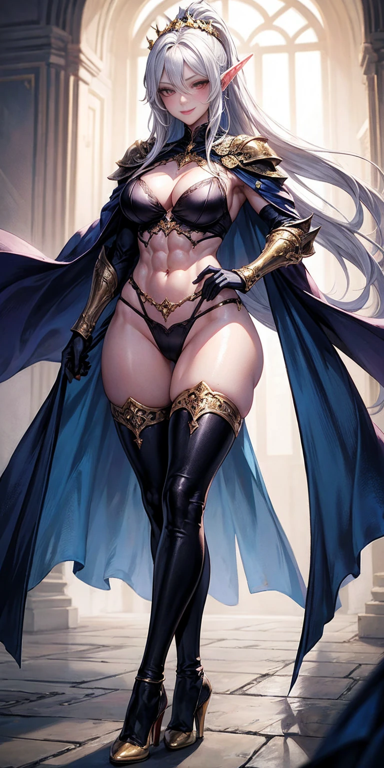 extremely long hair, ponytail, perfect anatomy 1 girl tall solo, slim thick, ((muscular)) high elf toned body, silver breast plate, blue cape, slender abs, hourglass waist, detailed face, defined cheekbones, puffy lips, gauntlets, gold crown, shadow over eyes, looking at viewer, masterpiece, white thigh highs lingerie, lustful smirking smile face red blushed red cheeks, 2 high heels feet together