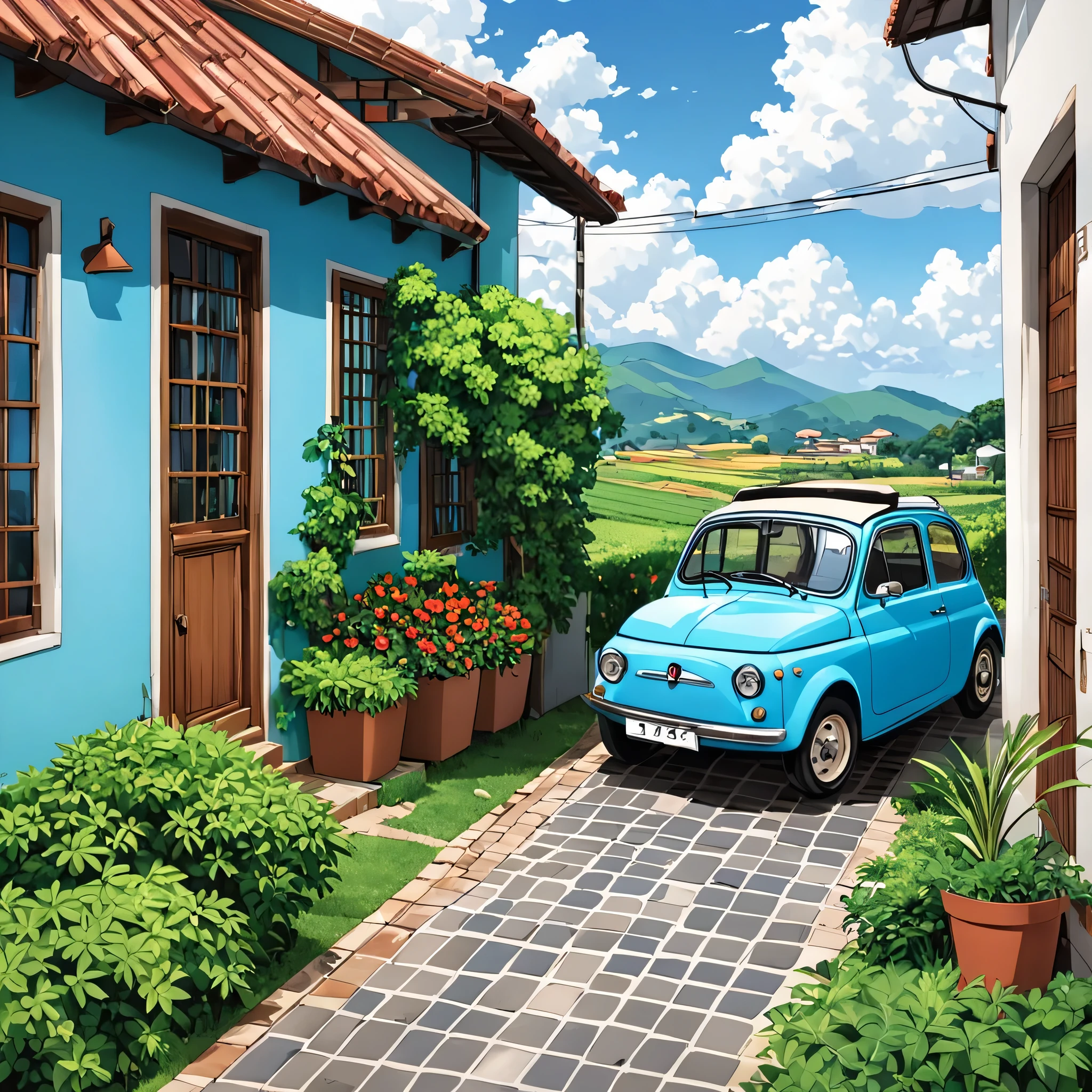 Estilo anime,Imagine uma casa simples brasileira na zona rural, interior, feita com blocos e concreto, telhado com telhas de barro , janela ,com duas plantas na entrada e um carro Fiat vermelho estacionado do lado , faxada pintada na cor azul celeste, white tiled sidewalk , casa modesta e acolhedora ,humilde no Brasil, clima de chuva 