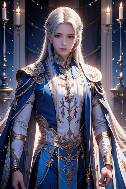 A male，Adonis，In front of a bed in an ice palace，weeping，，Blue long hair，Handsome face。eye closeds，Close your eyes，。Slight frown，Adonis，Zeus，Kamimei，full bodyesbian，Gorgeous blue clothes blue robes，Inside the Ice Palace，tmasterpiece，Best quality at best，8K，