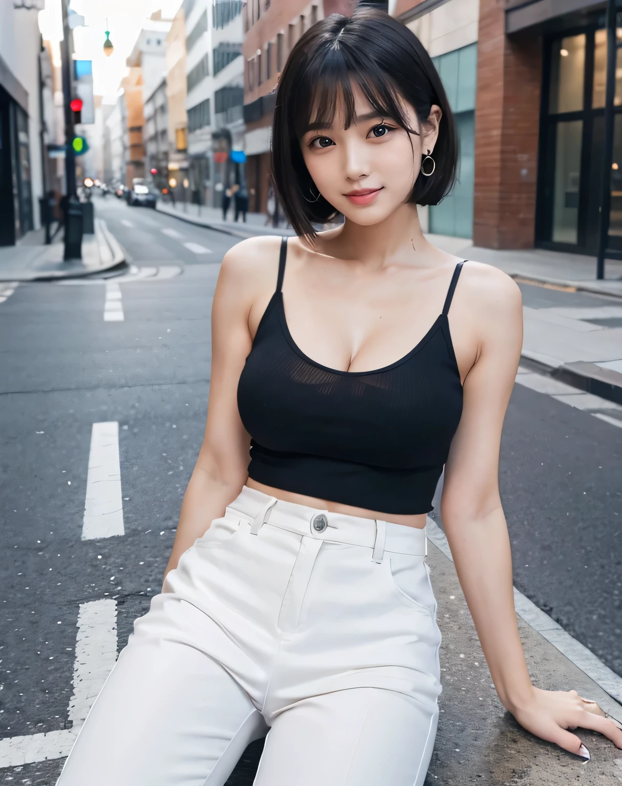 ((real photo:1.5)),realistic、live-action、photo from the knees up、cute smile、looking at the camera、look at the viewer、super clear resolution，(((Beautiful 30 year old mature woman)))，medium short hair，Light red lip、Big earrings，black tank top、cleavage、((black pants))、((D cup breasts)),Clear Eyes，simple face，lip gloss，perfect face，perfect breasts，Long and beautiful legs in loose pants，pointed toe heels，empty street
