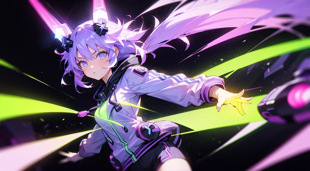 Girl,female,Purple white Jacket(Neon lights Yellow),neon lights yellow,purple eyes,violet hair, short pants black,pony tail hair