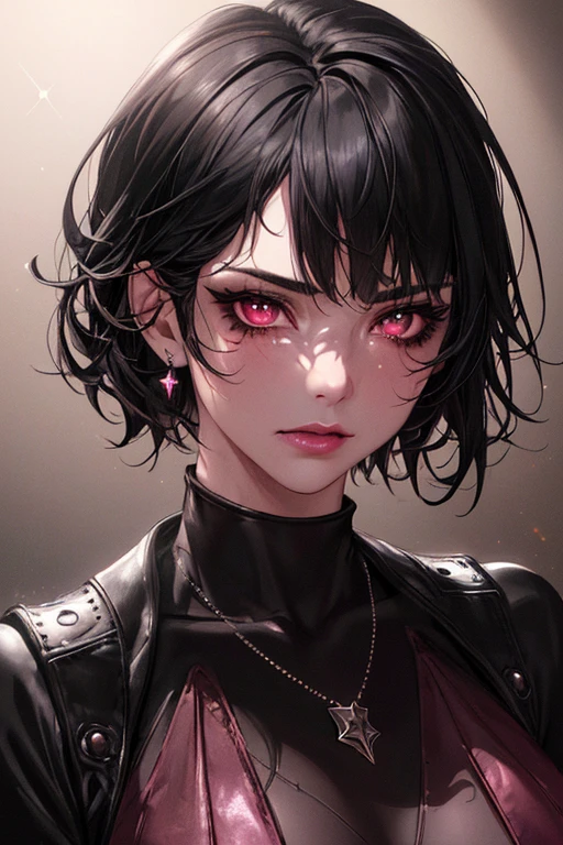 1girll, (close-up face, Masterpiece, Best quality: 1.2), 8K, offcial art, absurderes, Gothic, Stud leather jacket and necklace, pierced earrings, (smokey red eye shadow with glitter, Pink lips rhino glaze :0. 9), Very dark red background, hdr, facelight, Ultra photo realsisim, A high resolution, Photography, filmgrain, color difference, Sharp focus, hdr, facelight, Dynamic lighting, Cinematic lighting, professional shadow, dark shadow, highest details, Extremely detailed, Ultra detailed, finedetail, Real skin, Delicate facial features, Detailed face and eyes, Sharp pupils, Realistic pupils, (Black hair: 1.4)