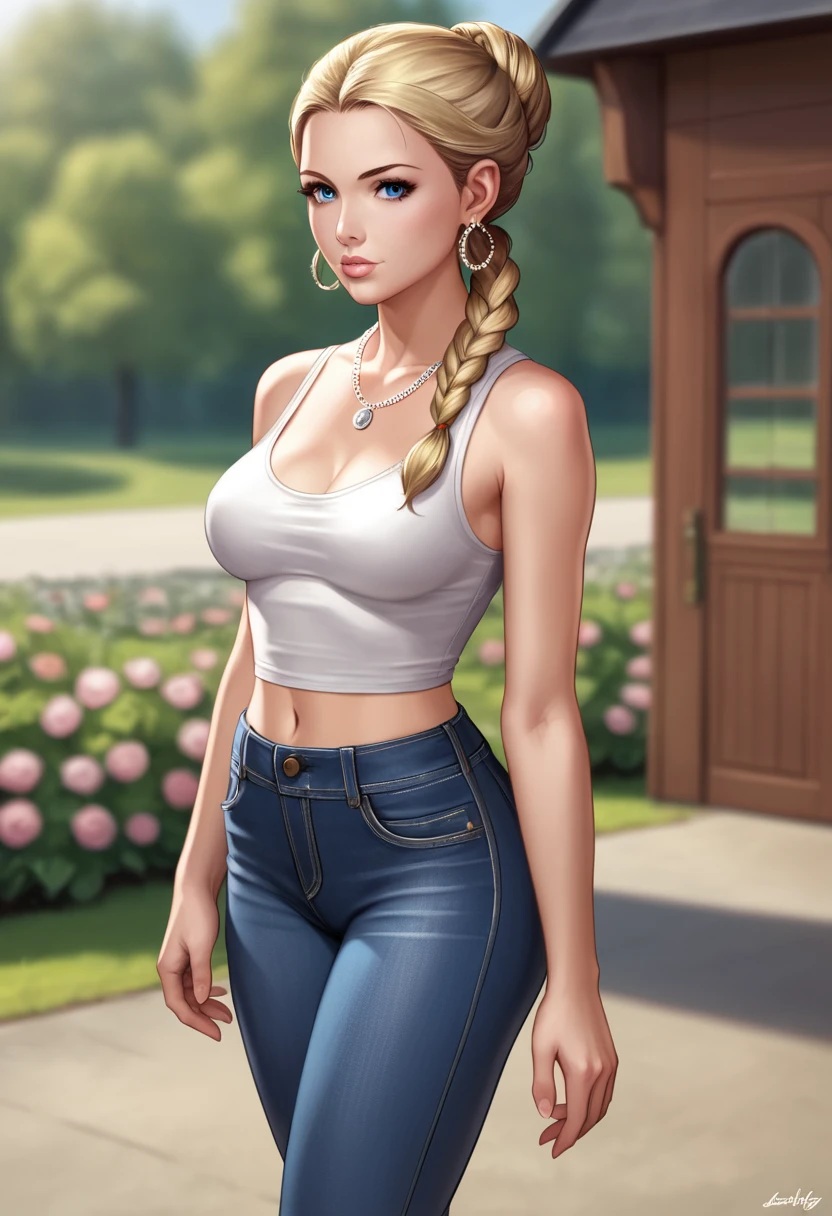 ((ultra quality)), ((tmasterpiece)), gnome girl, Short stature, ((blonde woman, hairlong, braided)), (silver ear rings), (silver necklace around the neck), (Beautiful cute face), (beautiful female lips), Charming, ((sexy facial expression)), is looking at the camera, eyes are slightly closed, (Skin color: white), Body glare, ((detailed beautiful female eyes)), ((dark blue eyes)), (juicy female lips), (beautiful female hands), (A bit full figure, bun), ((perfect female figure)), perfect female body, Beautiful waist, Gorgeous hips, Beautiful medium breasts, ((Subtle and beautiful)), seductively worth it (Rear view) (close-up of the face), (wearing blackface jeans, white tanktop) background: on the threshold of the house, Hot day, ((Depth of field)), ((high quality clear image)), (crisp details), ((higly detailed)), Realistic, Professional Photo Session, ((Clear Focus)), the anime