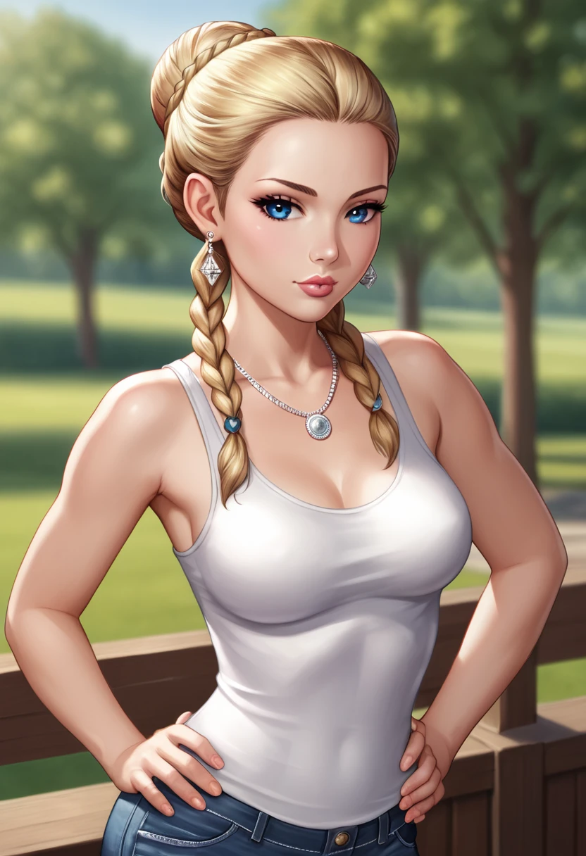 ((ultra quality)), ((tmasterpiece)), gnome girl, Short stature, ((blonde woman, hairlong, braided)), (silver ear rings), (silver necklace around the neck), (Beautiful cute face), (beautiful female lips), Charming, ((sexy facial expression)), is looking at the camera, eyes are slightly closed, (Skin color: white), Body glare, ((detailed beautiful female eyes)), ((dark blue eyes)), (juicy female lips), (beautiful female hands), (A bit full figure, bun), ((perfect female figure)), perfect female body, Beautiful waist, Gorgeous hips, Beautiful medium breasts, ((Subtle and beautiful)), seductively worth it (Rear view) (close-up of the face), (wearing blackface jeans, white tanktop) background: on the threshold of the house, Hot day, ((Depth of field)), ((high quality clear image)), (crisp details), ((higly detailed)), Realistic, Professional Photo Session, ((Clear Focus)), the anime