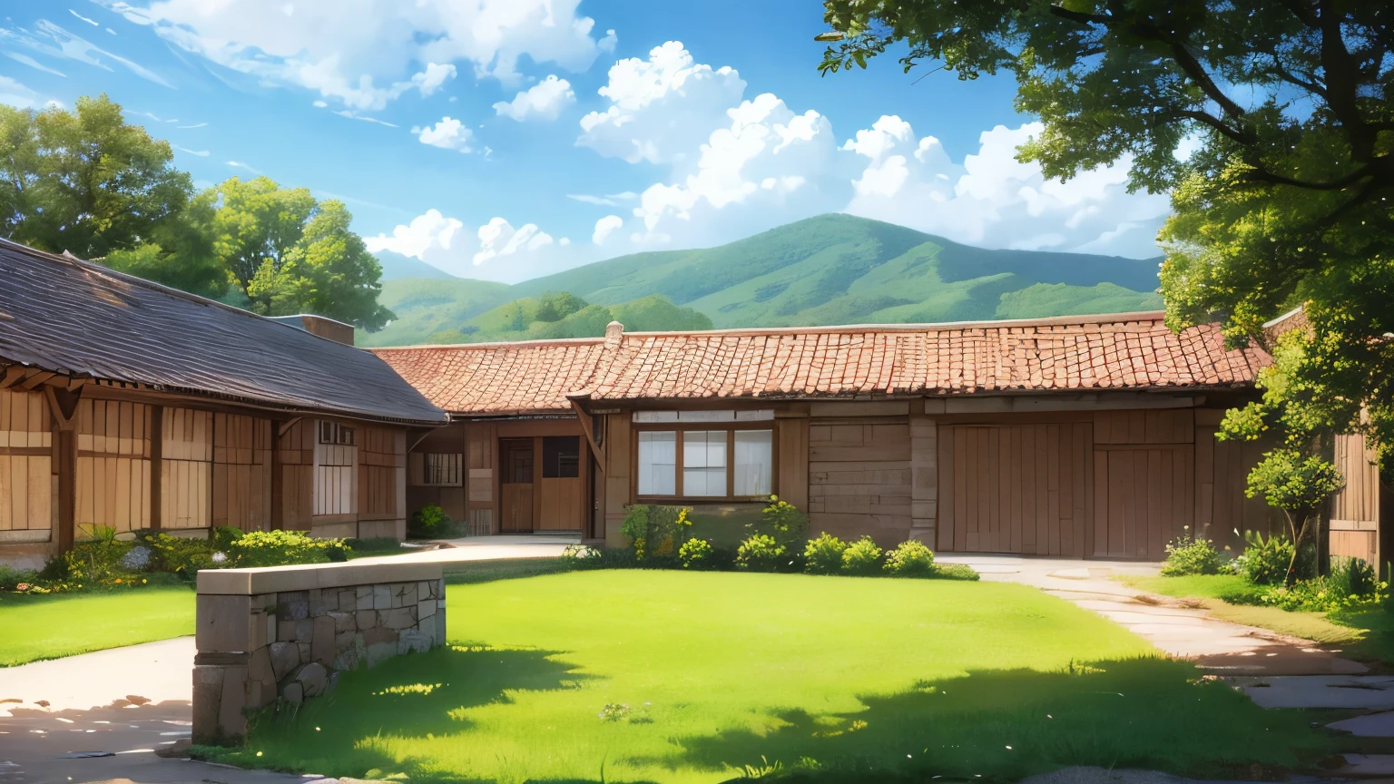 un pueblo medival con pocas casas, estilo anime.