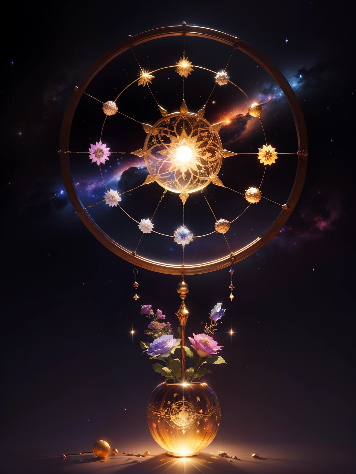 Crystal colorful flowers, magic, dream Catcher, universe , space, floating, moonlight, magic kanote gold crystal pot,,Sun, moon and stars,galaxy,moon,Buddha's light,dharma,Staff,magnificent,atmosphere,sea,Majestic