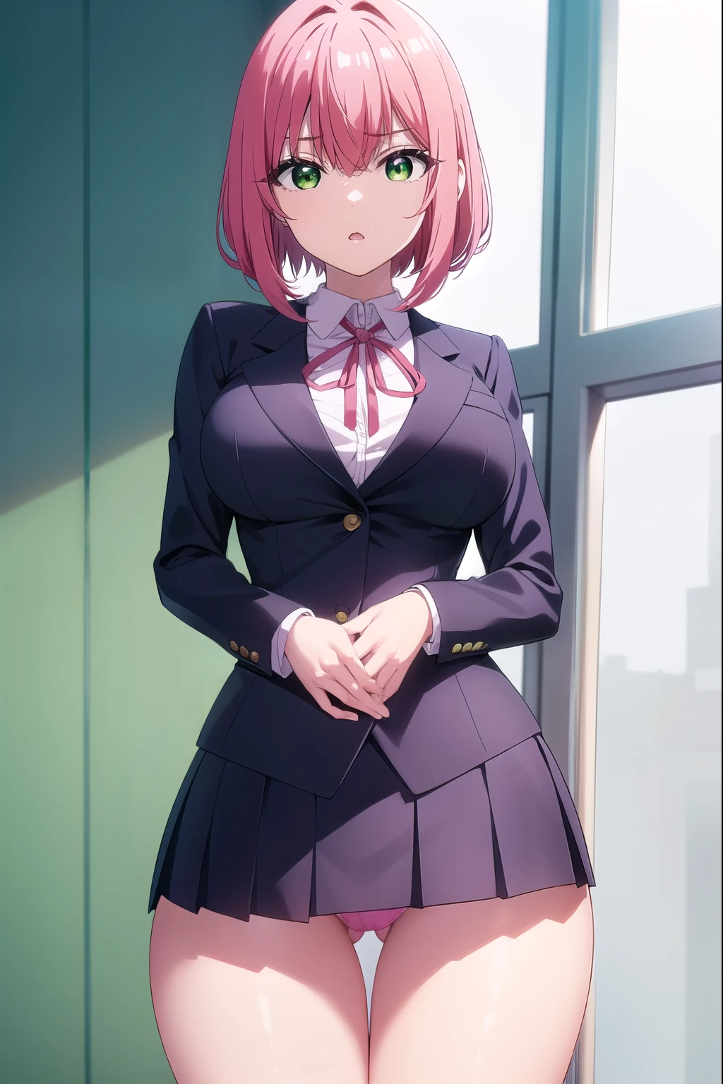 hakarihanazono, hakari hanazono, short hair, hair ornament, (green eyes:1.5), pink hair, flower, hair flower, hair between eyes, sidelocks, open mouth, (big breasts:1.2), (slender:1.6), (slim hips:1.6), 
BREAK (micro mini skirt:1.2), (blazer:1.2), (tight shirt:1.2), ribbon, white shirt:, pleated skirt, collared shirt, black skirt, red ribbon, neck ribbon, (pink panty:1.2)
BREAK looking at viewer,
BREAK indoors, classroom, (cowboy shot:1.5),
BREAK (masterpiece:1.2), best quality, high resolution, unity 8k wallpaper, (illustration:0.8), (beautiful detailed eyes:1.6), extremely detailed face, perfect lighting, extremely detailed CG, (perfect hands, perfect anatomy),