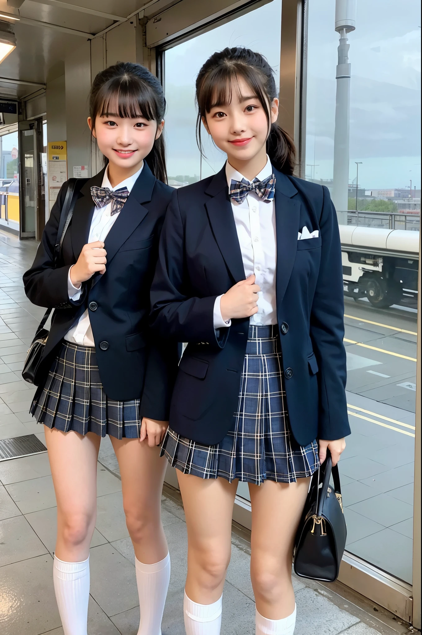 girls standing in railway station,navy blue long-sleeved blazer,white collar with plaid bow tie,gray plaid pleated micro mini skirt,navy blue high socks,shool bag,18-year-old,bangs,a little smile,thighs,knees,low ponytail with barrette,from beside,front light
