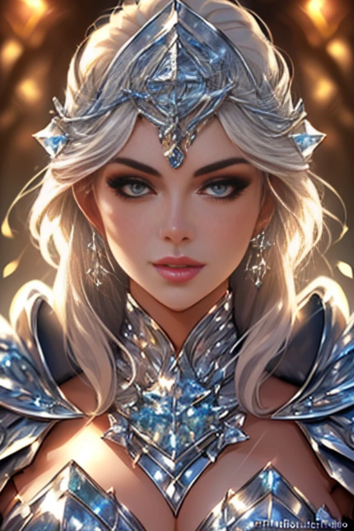 crystal armor, (sharp focus:1.2), portrait, ((posing)), (beautiful face:1.1), detailed eyes, luscious lips, ((skindentation)), (bright studio lighting:1.2), depth of field, bokeh, 4K, HD