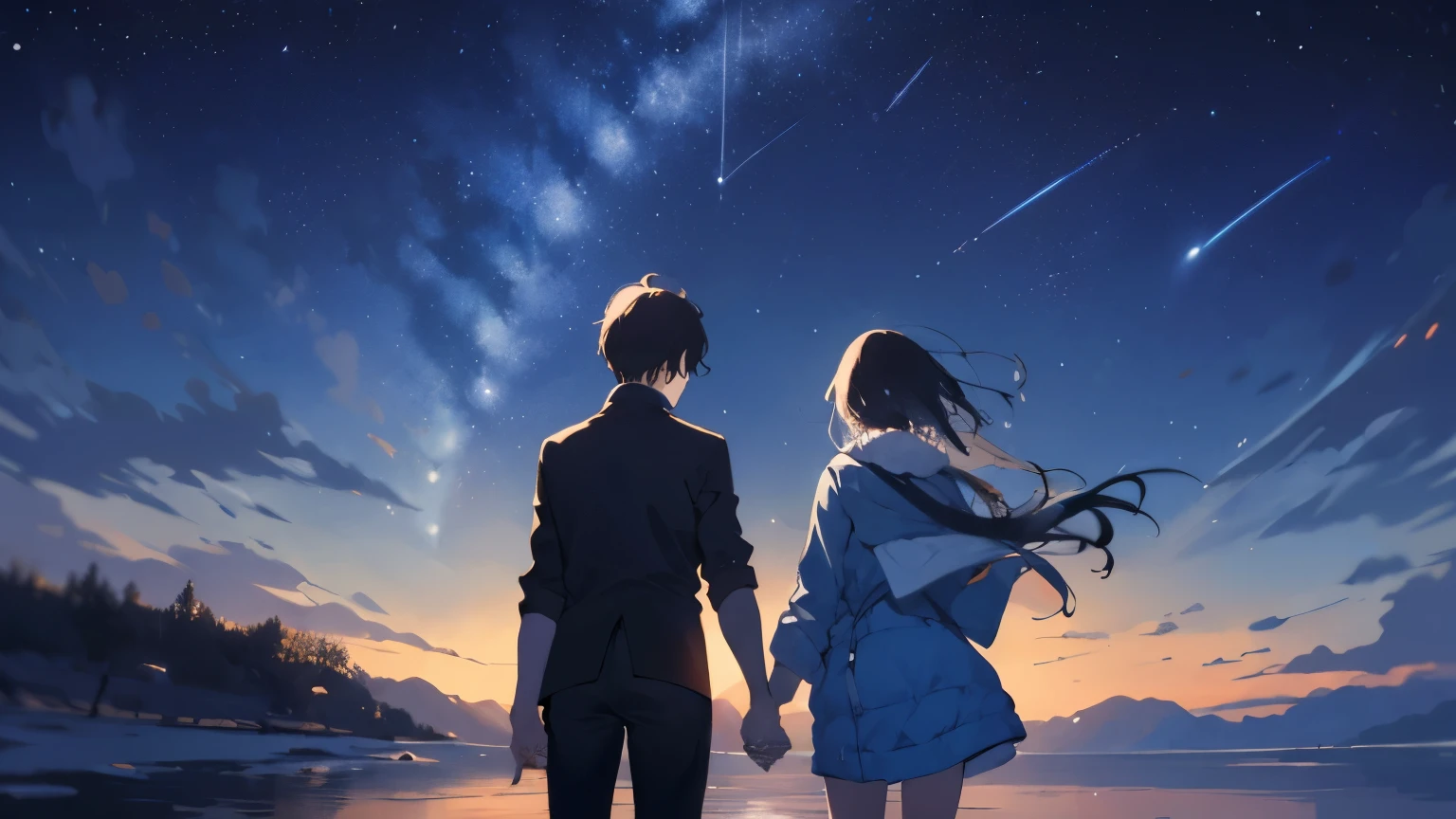 Two people stood holding hands and looking at the night sky, meteor,  background starry sky,  couple,