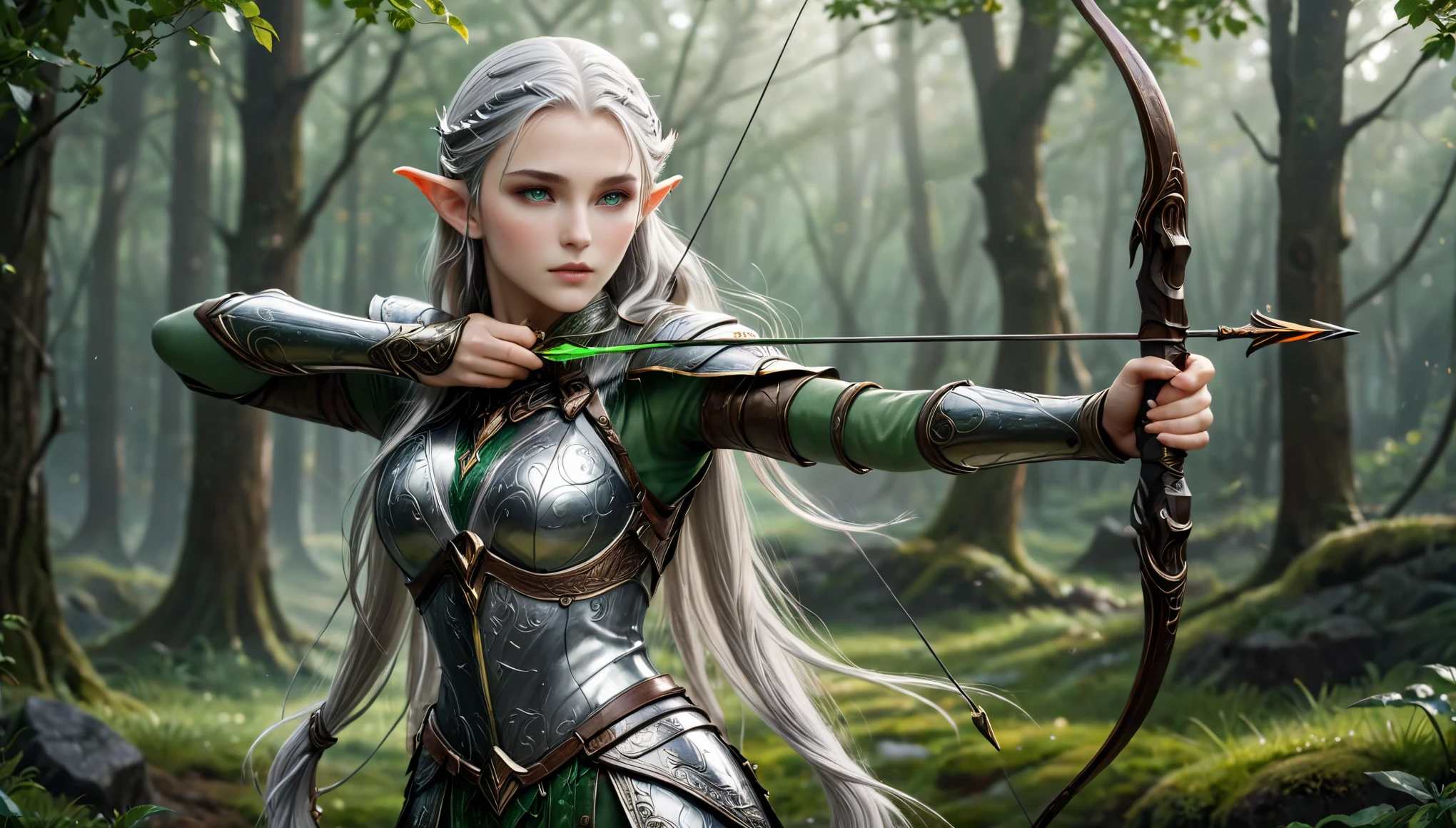 (master piece), 8k, best quality, panoramic view, full body, Elf, young, , green eyes, with slightly flushed white skin, subtly contrasting with her long, silver hair. Her body was slender and athletic, with a height of 168cm, detailed silver warrior armor covering her entire body, bronze detail, conservative, holding war bow with rune writing, nocking a plasma light arrow .