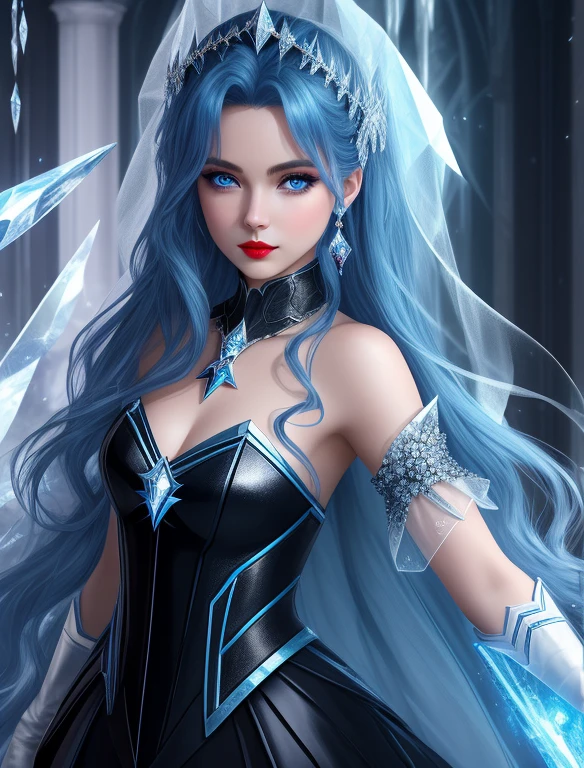 8K,best qualtiy,Masterpiece,one-girl,(Marvel Gothic Prince of Diamonds:1.3),Step out of the precious crystal world,Perfect beautiful face,Smooth skin,the ultra-detailed,Ice storms,spark of light,Splashing metal shavings,fantasy concept art,Redlip,blue colored eyes,
