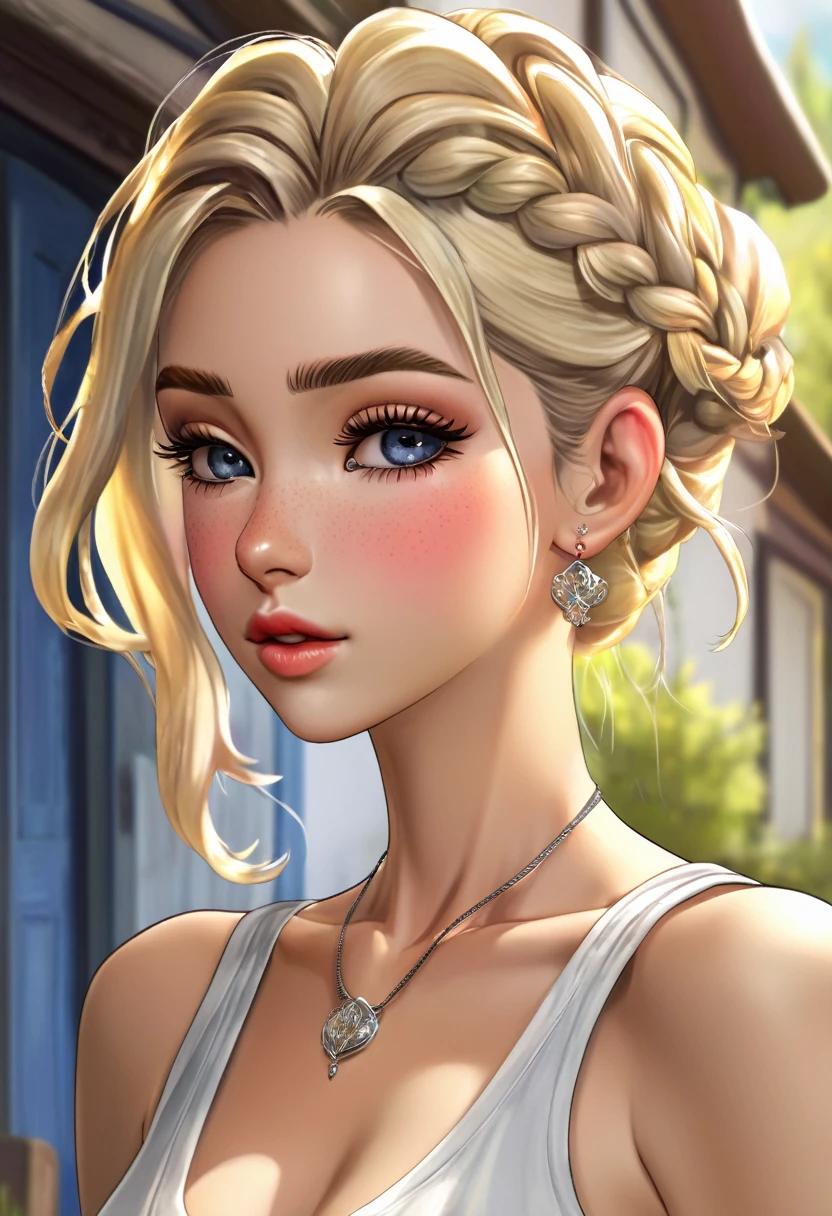 ((ultra quality)), ((tmasterpiece)), gnome girl, Short stature, ((blonde woman, hairlong, braided)), (silver ear rings), (silver necklace around the neck), (Beautiful cute face), (beautiful female lips), Charming, ((sexy facial expression)), is looking at the camera, eyes are slightly closed, (Skin color: white), Body glare, ((detailed beautiful female eyes)), ((dark blue eyes)), (juicy female lips), (beautiful female hands), (A bit full figure, bun), ((perfect female figure)), perfect female body, Beautiful waist, Gorgeous hips, Beautiful medium breasts, ((Subtle and beautiful)), seductively worth it (Rear view) (close-up of the face), (wearing blackface jeans, white tanktop) background: on the threshold of the house, Hot day, ((Depth of field)), ((high quality clear image)), (crisp details), ((higly detailed)), Realistic, Professional Photo Session, ((Clear Focus)), the anime