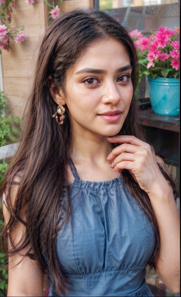 south asian facial features. girl. Should look very beautiful. pretty. Highly detailed and hyper realistic. The skin texture should be highly detailed and extremely accurate. thick black hair and brown eyes. Face must be accurate. Highly detailed face and facial features. Extremely accurate representation of face and facial features. Face should be highly detailed and hyper realistic. Every thing from the body should be extremely perfect and realistic. hyper realistic. Skin texture is natural and realistic. Face is realistic and extremely detailed. Eyes are detailed and accurate. Highly accurate. eyes should be realistic and accurate. hyper detailed. perfect details. realistic proportions. hyper realistic skin texture. smiling. black eyes. eyes are black. Clothed. Hyper realistic and accurate