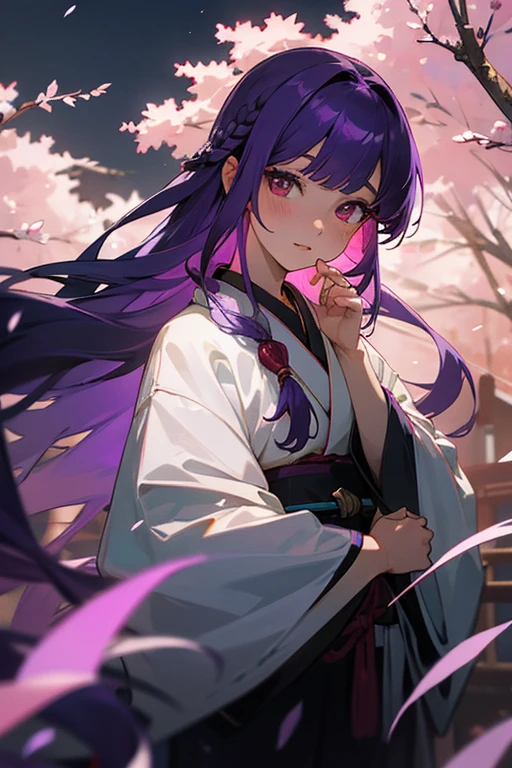1 girl, dull bangs, Braid, Wide sleeves, hair ornaments, kimono, red obi, (purple hair:1.2), very long hair, straight hair, looking at the viewer, highly detailed background, (realistic:1.2), fine eyes, Red eyeshadow, Written boundary depth,thigh, (Ulzzang-6500:0.7), Upper body, (alone:1.2), (cyberpunk city:1.1), shiny skin、hair blowing in the wind、花のhair ornaments沢山、Moonlight night、Sakura、Tsukimi sake、