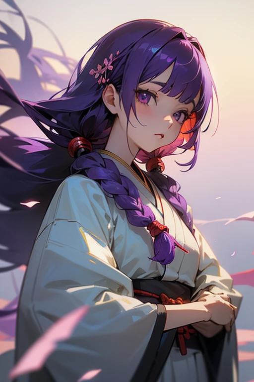 1 girl, dull bangs, Braid, Wide sleeves, hair ornaments, kimono, red obi, (purple hair:1.2), very long hair, straight hair, looking at the viewer, highly detailed background, (realistic:1.2), fine eyes, Red eyeshadow, Written boundary depth，thigh, (Ulzzang-6500:0.7), Upper body, (alone:1.2), (cyberpunk city:1.1), shiny skin、hair blowing in the wind、花のhair ornaments沢山、Moonlight night、Sakura、Tsukimi sake、