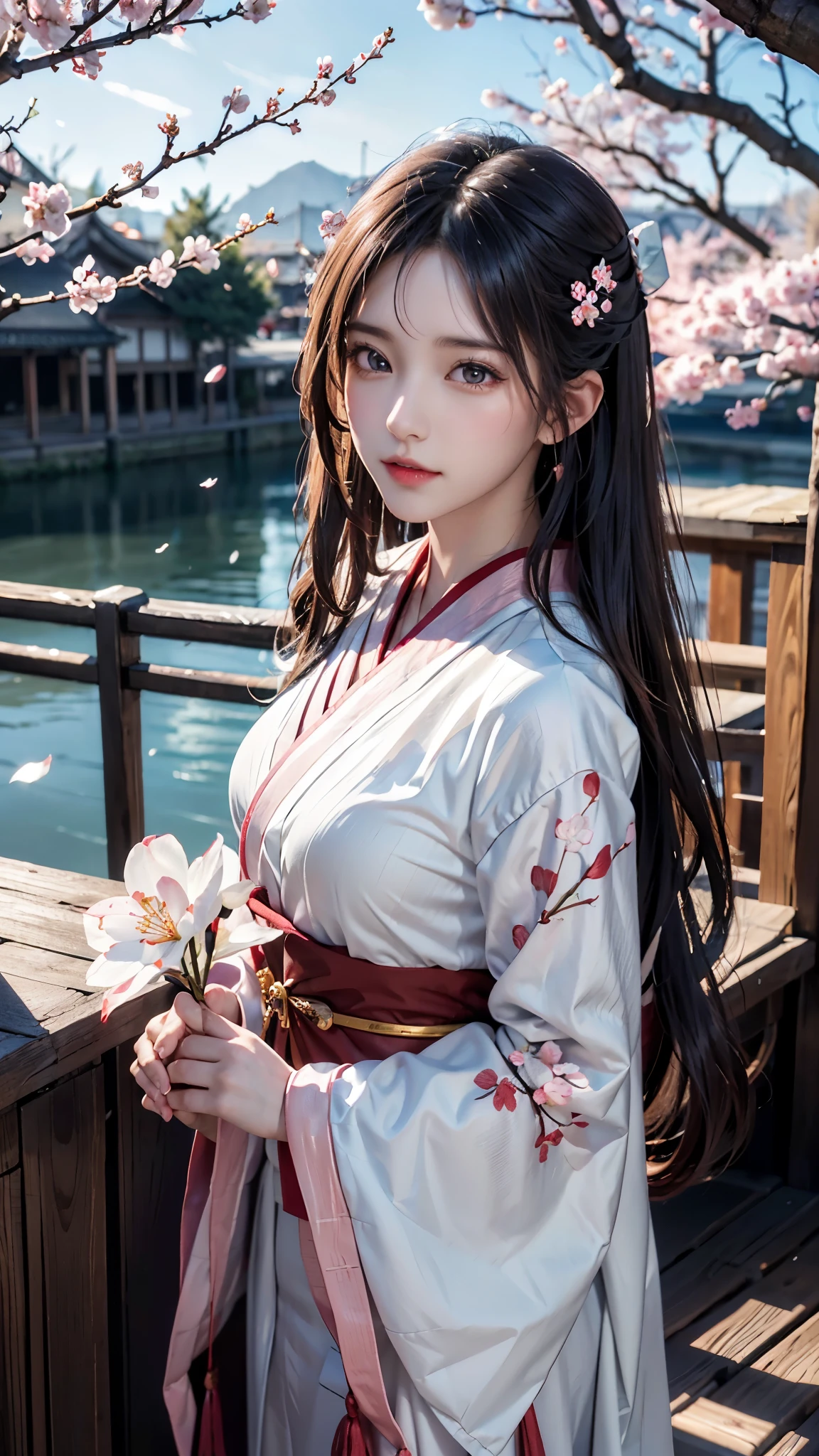 (logo, masterpiece, 8K, table top, Raw photo, wonderful, 最high quality, Photorealistic and very detailed CG Integrated 8K Wallpaper, high quality, very detailed, Narrative poem, particle effects, Dynamic Effects, character border depth, movie light, Lens flare, Ray Tracing), fantasy, (single beauty, white kimono, kimono, 白いcherry blossoms模様, 白いcherry blossomsの刺繍模様, black hair, beautiful face, real face, Beautiful eyes in detail, beautiful skin, long hair) Hair fluttering in the Wind, long hair bouncing, long hair dancing in the Wind), (cherry blossoms, cherry blossoms, cherry blossomsの花びらが舞う, cherry blossoms吹雪, Falling petals), hair fluttering in the Wind, Hair bounce, pink cherry blossoms, Dancing Petals, cherry blossoms吹雪, Nice views, sunrise, Sun in the background, Wind, god々, teeth, stories of god々, vast land
