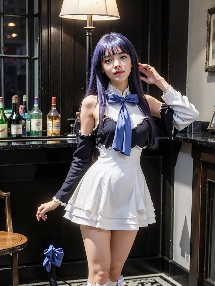 (1 lady), (Best quality at best:1.4), (ultra - detailed), (extremely detailed CG unified 16k), A Beautiful Woman with Perfect Figure: 1.4, Sharp Focus: 1.2, purple hair, very detailed, High-definition RAW color photo, professional photoshooting, amazing face and eyes, cosmetics, (amazingly beautiful girl), ((frederica bernkastel)), ((dress, bowtie, mary janes, socks, cat tail, tail bow, tail ornament)), standing, sexyposture,(Dark and stylish bar, drinks, lamp lights, lamp lights:1.3), (look from down), realistic cinematic face, head to feet long wide zoomed out view, full body long view, photorealistic, ((realistic natural purple hair style, purple eyes)), gorgeous, extremely beautiful face, perfect model beauty, pout mouth, Highly Detailed Face and Skin Texture, Detailed Eyes, Double Eyelids, Big Breasts, (laughing, crazy laugh, burst out laughing), cleavages, western, (masterpiece), best quality, high resolution, extremely detailed, blurred background, depth of field, cinematic lighting, amazing legs, high heels, clear and well-cared skin