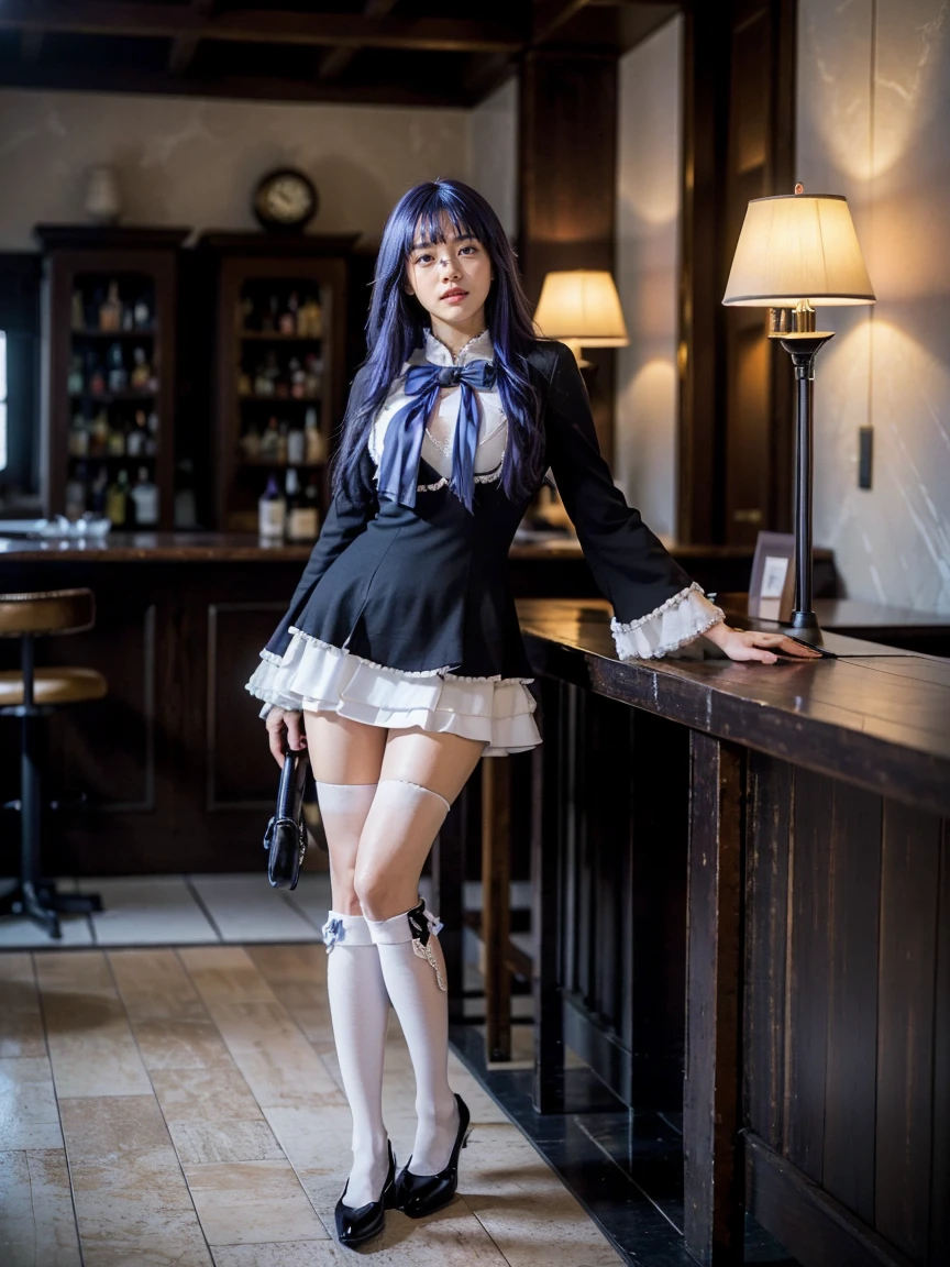 (1 lady), (Best quality at best:1.4), (ultra - detailed), (extremely detailed CG unified 16k), A Beautiful Woman with Perfect Figure: 1.4, Sharp Focus: 1.2, purple hair, very detailed, High-definition RAW color photo, professional photoshooting, amazing face and eyes, cosmetics, (amazingly beautiful girl), ((frederica bernkastel)), ((dress, bowtie, mary janes, socks, cat tail, tail bow, tail ornament)), standing, sexyposture,(Dark and stylish bar, drinks, lamp lights, lamp lights:1.3), (look from down), realistic cinematic face, head to feet long wide zoomed out view, full body long view, photorealistic, ((realistic natural purple hair style, purple eyes)), gorgeous, extremely beautiful face, perfect model beauty, pout mouth, Highly Detailed Face and Skin Texture, Detailed Eyes, Double Eyelids, Big Breasts, (laughing, crazy laugh, burst out laughing), cleavages, western, (masterpiece), best quality, high resolution, extremely detailed, blurred background, depth of field, cinematic lighting, amazing legs, high heels, clear and well-cared skin