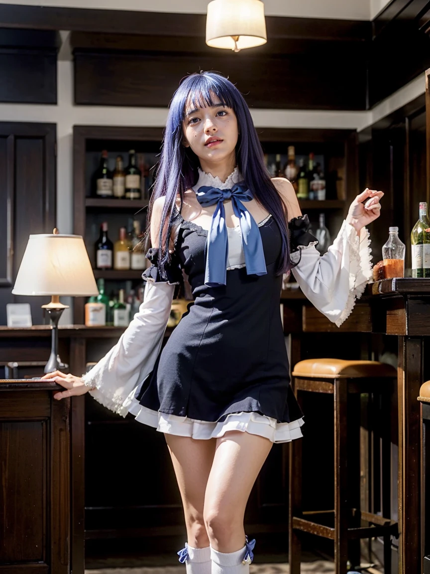 (1 lady), (Best quality at best:1.4), (ultra - detailed), (extremely detailed CG unified 16k), A Beautiful Woman with Perfect Figure: 1.4, Sharp Focus: 1.2, purple hair, very detailed, High-definition RAW color photo, professional photoshooting, amazing face and eyes, cosmetics, (amazingly beautiful girl), ((frederica bernkastel)), ((dress, bowtie, mary janes, socks, cat tail, tail bow, tail ornament)), standing, sexyposture,(Dark and stylish bar, drinks, lamp lights, lamp lights:1.3), (look from down), realistic cinematic face, head to feet long wide zoomed out view, full body long view, photorealistic, ((realistic natural purple hair style, purple eyes)), gorgeous, extremely beautiful face, perfect model beauty, pout mouth, Highly Detailed Face and Skin Texture, Detailed Eyes, Double Eyelids, Big Breasts, (laughing, crazy laugh, burst out laughing), cleavages, western, (masterpiece), best quality, high resolution, extremely detailed, blurred background, depth of field, cinematic lighting, amazing legs, high heels, clear and well-cared skin
