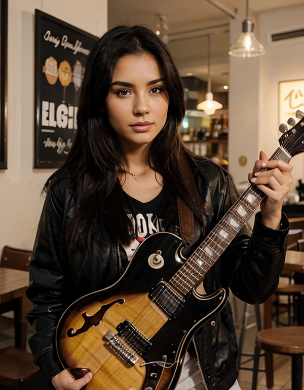 realistic, 20-years-old indonesian girl, light brown skinned, middle straight black hair style, wearing black jacket, holding electric guitar, cafe background
