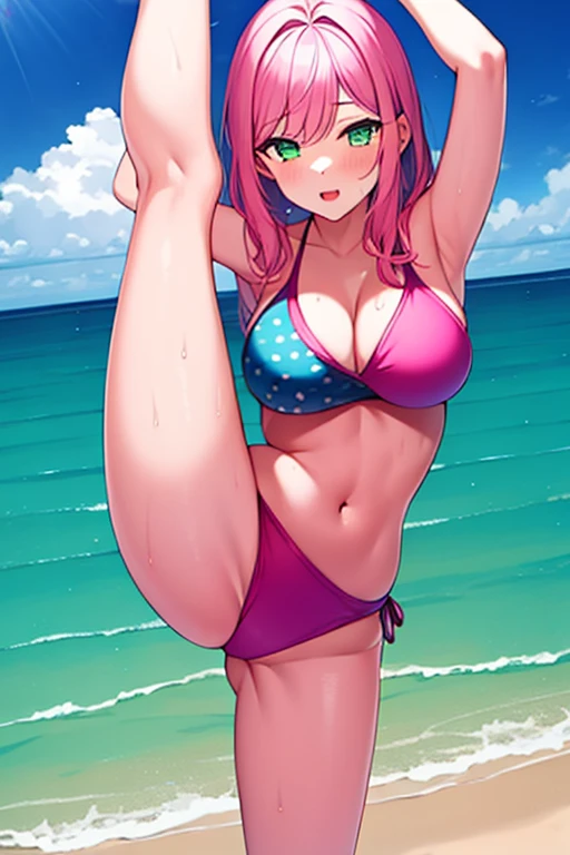 (masterpiece, best quality:1.2), 1girl, solo, standing split, picha_\(pose\),picha, pink hair, green eyes, bikini, on the beach