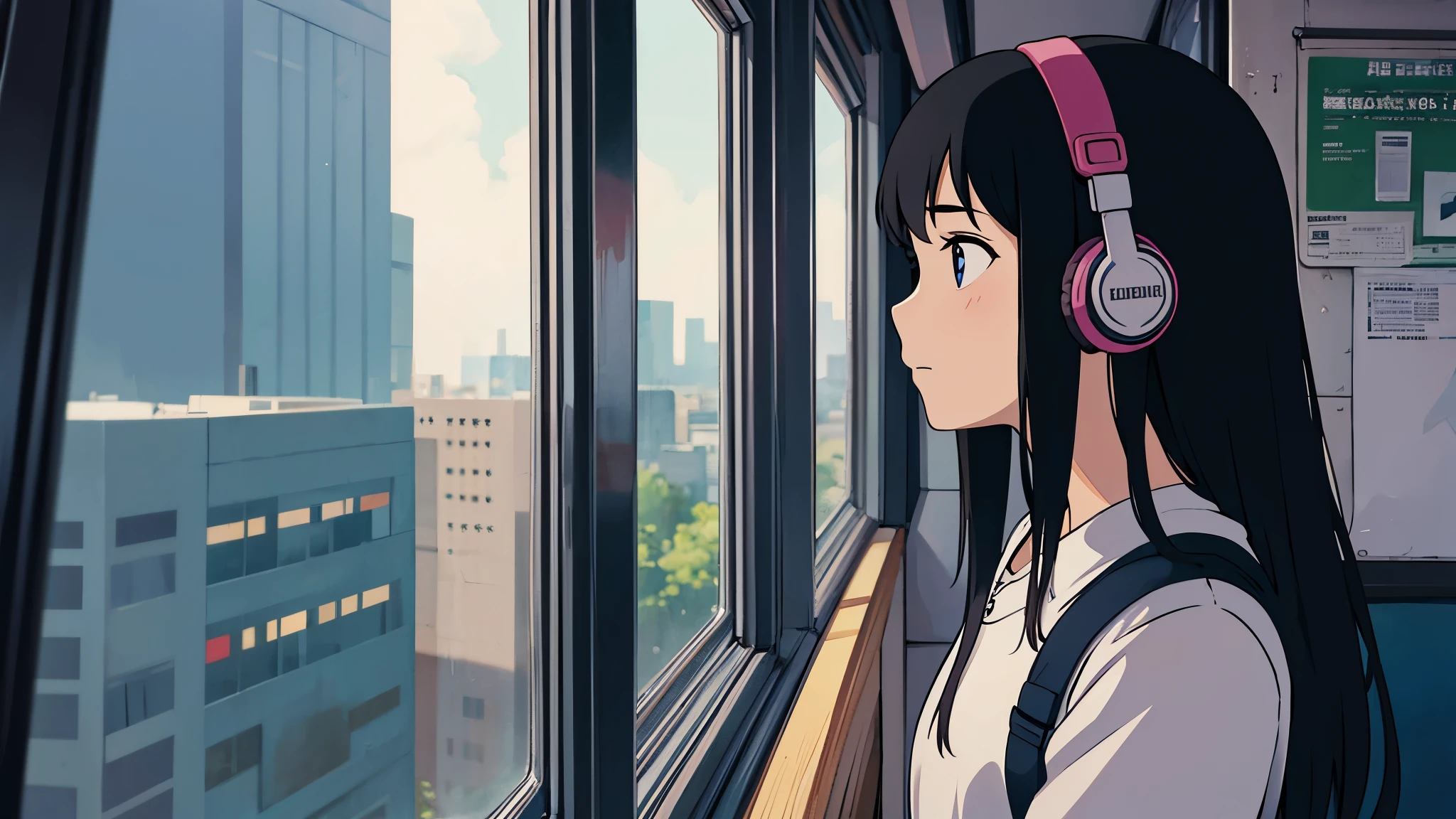 25 year old girl, listening to music in her headphones, beautiful rainy landscape outside the bus window, lofi style, ghibli style, long black hair, 4k definition, profile view, looking at the horizon, big headphones.