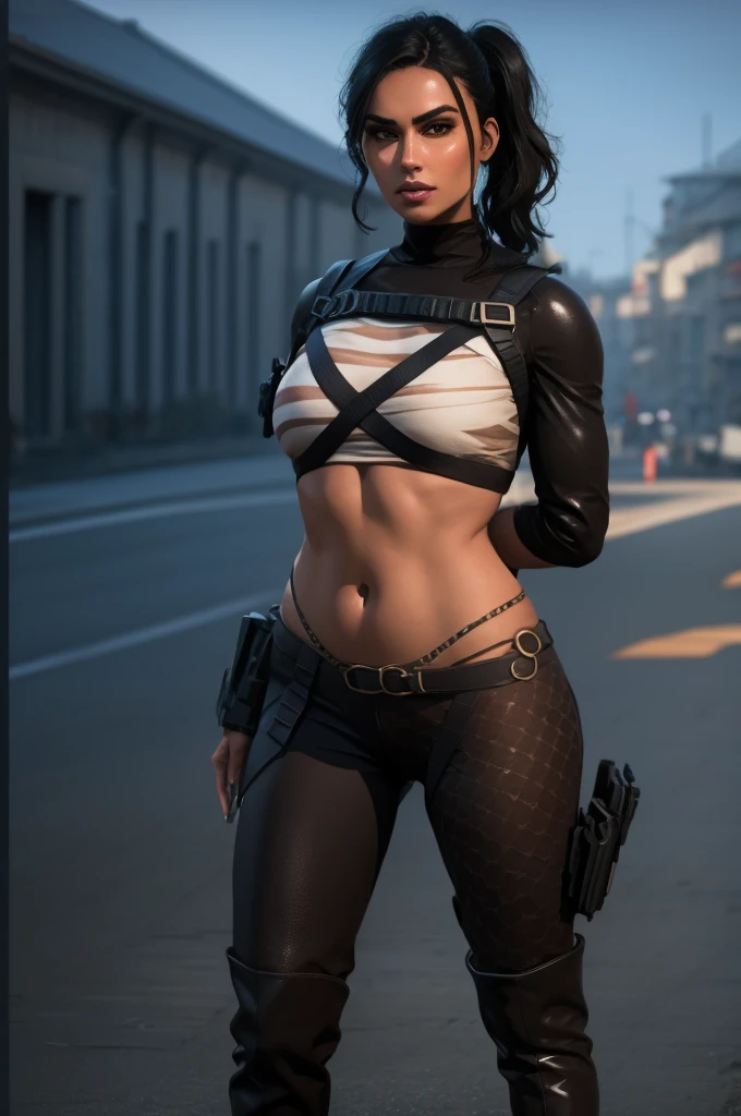 (full body portrait, 1 girl, looking at viewer, highly detailed, anatomy correct, perfect face, eyes, and hands:1.4), tactical gear, coffee knee boots, (athletic body:1.3), coffee leggings, jewelry, black ponytail hair, ski mask, ((Best quality, masterpiece, Very beautiful woman)), Depth-of-field, Multi-layered textures, HDR (High Dynamic Range), Ray Tracing, NVIDIA RTX, Unreal 5, Subsurface scattering, PBR Texturing, Post-processing, Anisotropic Filtering, Maximum clarity and sharpness, Wide aperture, Low ISO, White balance, Rule of thirds, 8K RAW, (extremely slutty), (Highly realistic skin), sharp image, (extremely high quality artwork), black hair