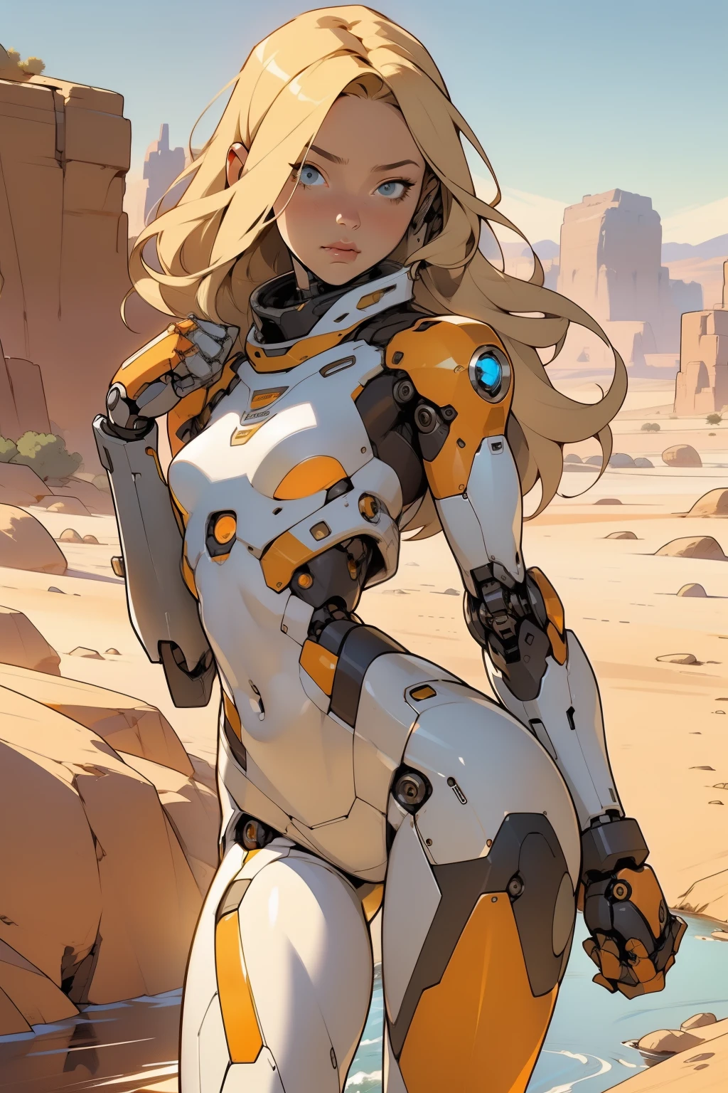 high quality, 4k, masterpiece, beautiful, cyborg girl, cowboy shot, dull eyes, front, looking at viewer, long blonde hair, girl, small breasts, fit thighs, robotic arms, robotic body, cyborg body, white & yellow uniform, orange accent, intricate detail, joint, detailed lines, robotic detail, holding fist up, holding hand up as fist, color robotic parts, robotic parts with color, perfect fingers, on a desert planet, sunny background, colorful desert, a river or a lake in the background, slender thighs, skinny thighs,