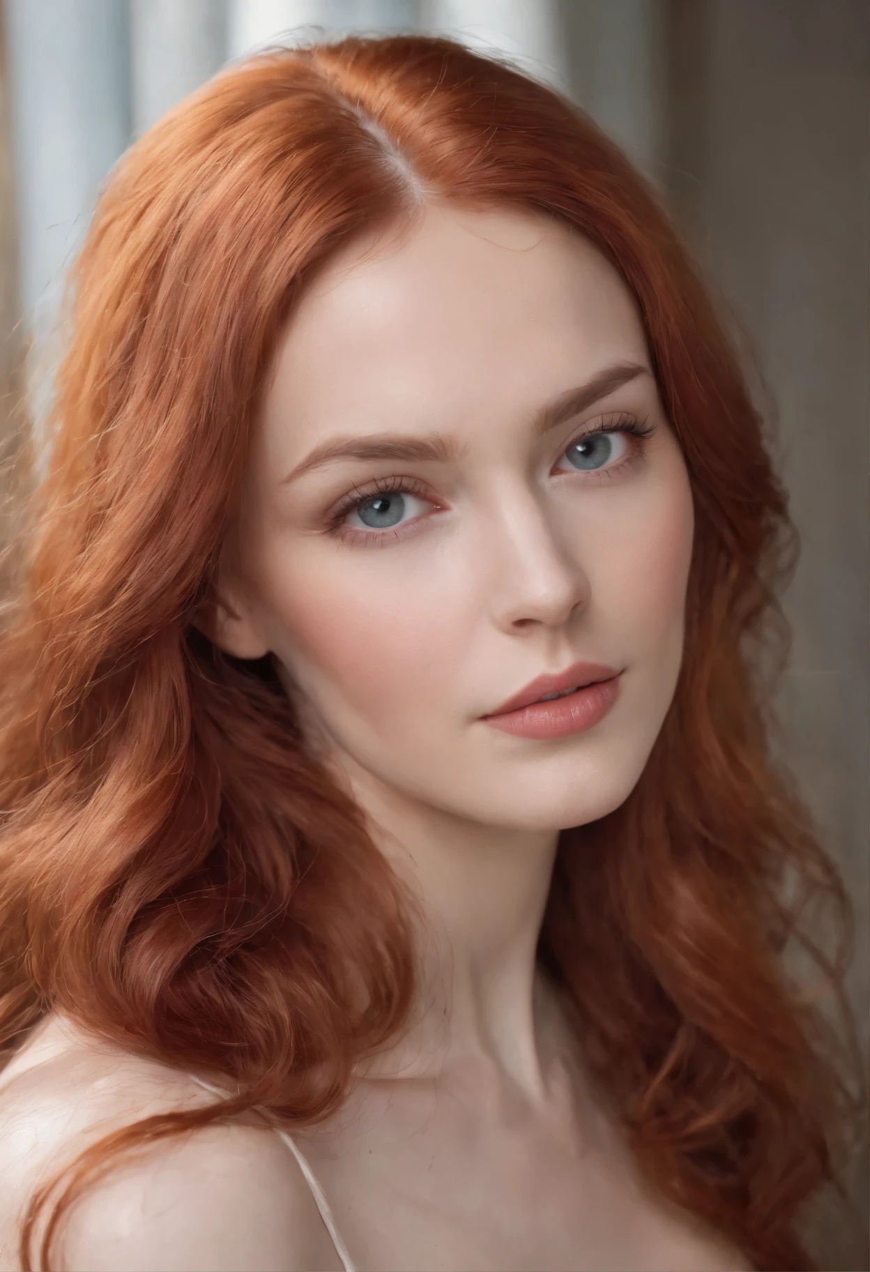 Generate an image of a Russian woman with distinctive features. She should have long, vibrant red hair that cascades down her back. Her skin should be pale, almost porcelain-like, contrasting beautifully with her fiery hair. Her eyes should be a striking shade of blue, clear and bright. She should have a voluptuous figure, with large breasts and big, round buttocks. This combination of features should create an image of a stunning, alluring Russian woman, naked, pink vagina with no hair