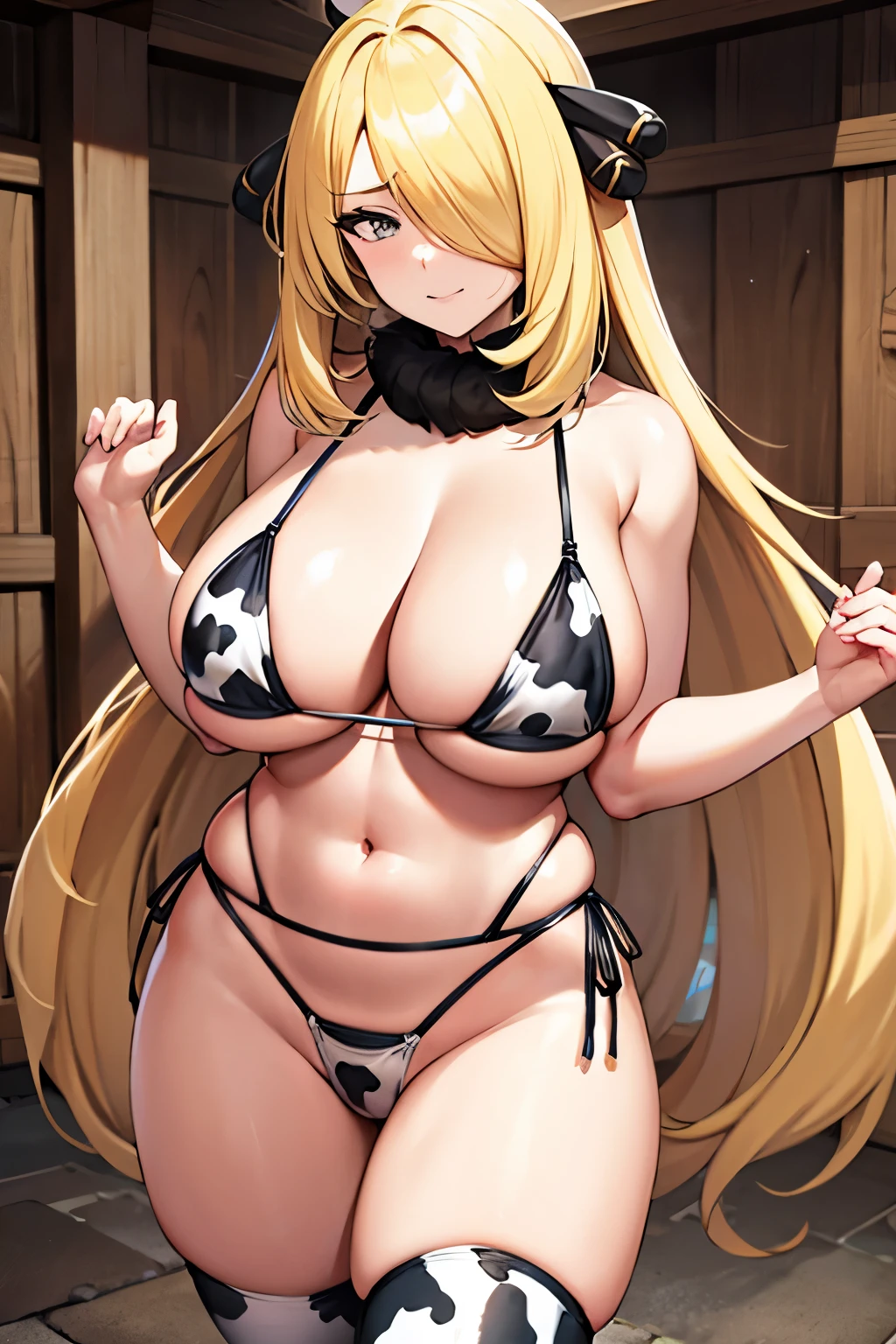 Long hair, Blonde hair, hair over one eye, gray eyes, large breasts, Big breasts, cow print bikini, barn