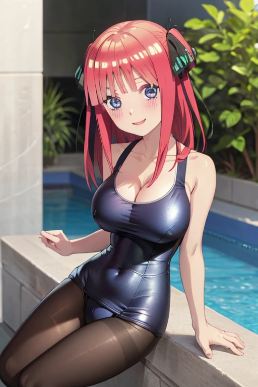 best quality, ultra-detailed masterpiece, anime art style, cute characters, nino nakano, one-piece swimsuit, large breasts, pantyhose, blush, smile