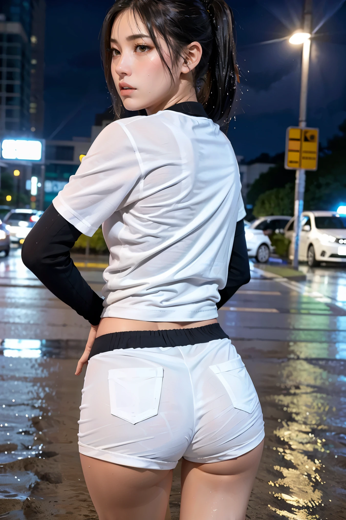 8K), (highest quality: 1.2), (realistic), (realistic: 1.37), ultra high resolution, (2 girls),(straight black hair), Giant Dulcefo,(Wet and see-through white very small hotpants),Standing in the city at night, whole body,long legs,beautiful feet,From the back,(Super small ass:1.3),ponytail,The lower part of her buttocks is slightly exposed from her hot pants.,back view,(shot from behind:1.5),(Baseball team shirts),(whole bodyが雨に濡れて:1.2),black stockings