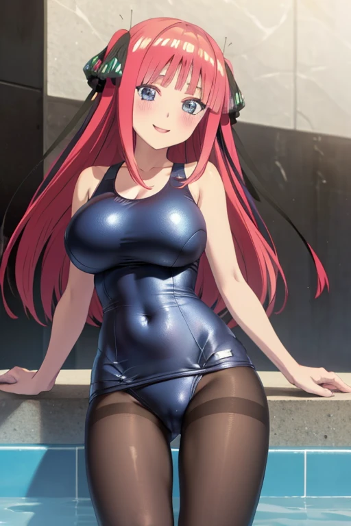 best quality, ultra-detailed masterpiece, anime art style, cute characters, nino nakano, one-piece swimsuit, large breasts, pantyhose, blush, smile