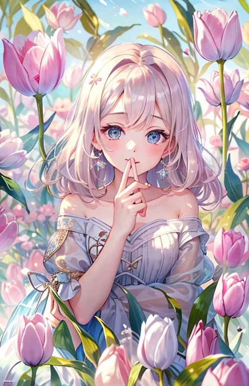 ((highest quality)), ((masterpiece)), (Get used to it), perfect face , beautiful girl , tulip , 背景には綺麗なtulip ,