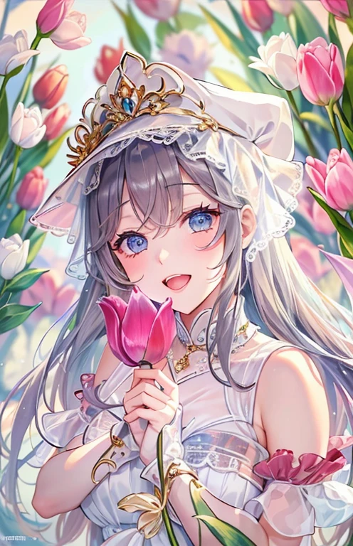 ((highest quality)), ((masterpiece)), (Get used to it), perfect face , beautiful girl , tulip , 背景には綺麗なtulip ,