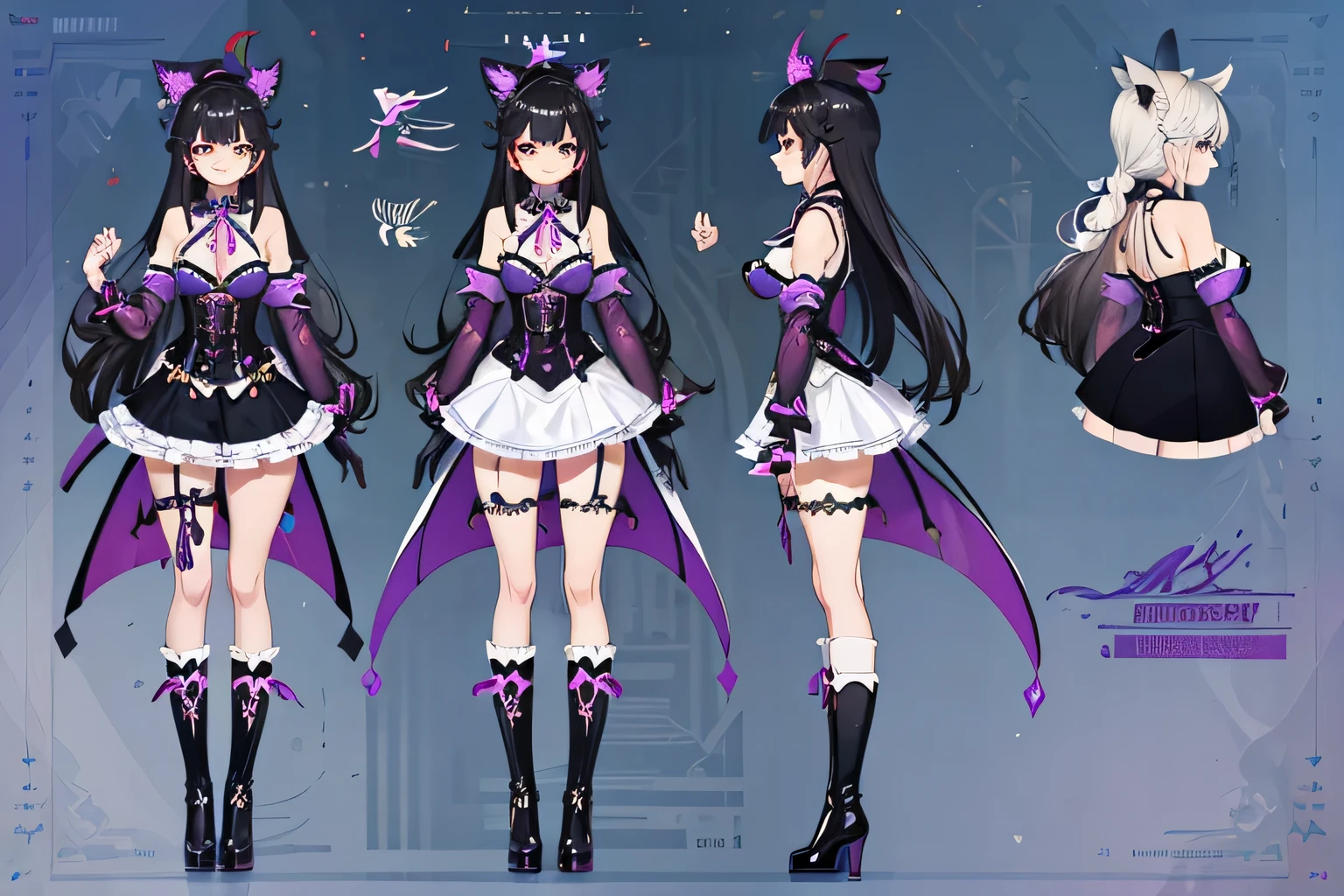 ((masterpiece)),(((best quality))),(((Very detailed))), (character design sheet, same characters, The same clothing, ""Main front view, side view, Rear view ""), illustration, 1 girl, Perfect illustration, Humanity, long black hair, Golden Eyes, medium breasts, The makeup is mainly white and blue, Genshin Impact style, Purple magical girl style witch costume, whole body, Conical witch hat, corset , short skirt, high socks, Leather boots and gloves, digital background, cast shadow. Special details in the eyes, Face, hair, clothing, Hands and legs.