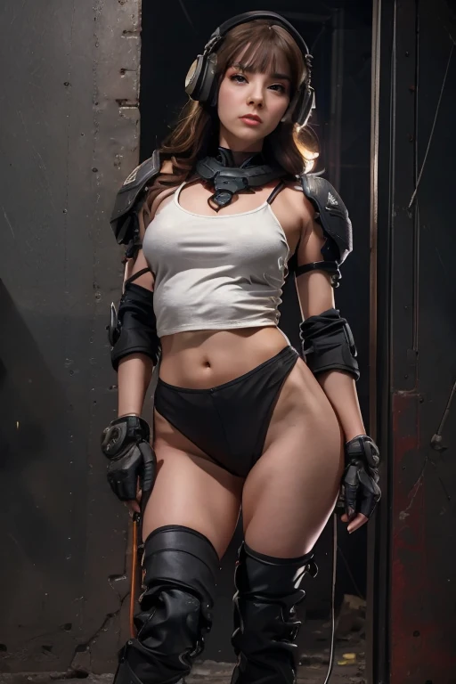 (full body:1.4),16k,1female,Perfect Anatomy,Photo realistic,master piece,best quality, (RAW photo:1.2),ultra-detailed, master piece,best quality,high resolution,ultra-detailed,Cinematic shots,((masterpiece)), Abandoned robot soldier,It's a little out of order, Rust and moss show the passage of time, Female Cyborg Body, Dark Blonde, Sexy female body, biomechanics , detailed body,Slightly thicker waist、((Combat helmet with headphones and shield))、Plastic body White mecha, white biomechanics details, detailed body, Shiny white armor, White round knee protectors、Scratches and stains、cybernetic body, Energy Unit Backpack, Full body details, A destroyed city in the background、Lasers shoot from top to bottom