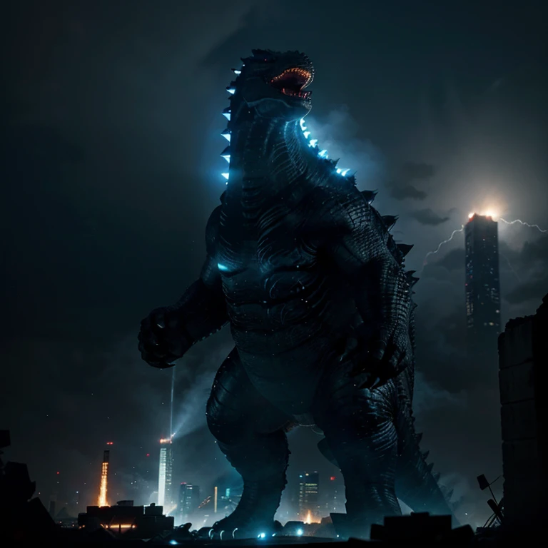 A 200 foot tall Godzilla that has charcoal skin with blue glowing eyes as its open mouth starts emitting a blue glow. sharp spikes on its back are also glowing blue. Godzilla while glowing is standing on the ruins of Tokyo is letting out a big roar