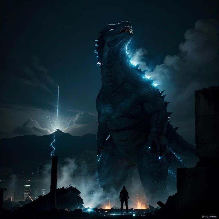 A 200 foot tall Godzilla that has charcoal skin with blue glowing eyes as its open mouth starts emitting a blue glow. sharp spikes on its back are also glowing blue. Godzilla while glowing is standing on the ruins of Tokyo is letting out a big roar